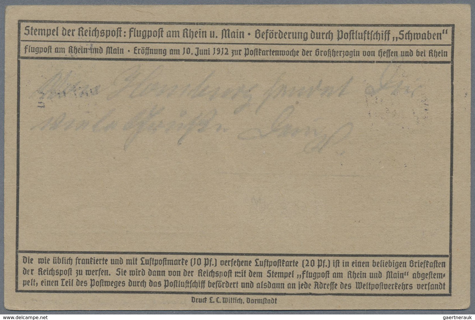 Br Flugpost Deutschland: 1912: FLUGPOST RHEIN-MAIN/ 20 Pfg E.EL.P + 5 Pfg Germania (kopfstehende Firmen - Poste Aérienne & Zeppelin