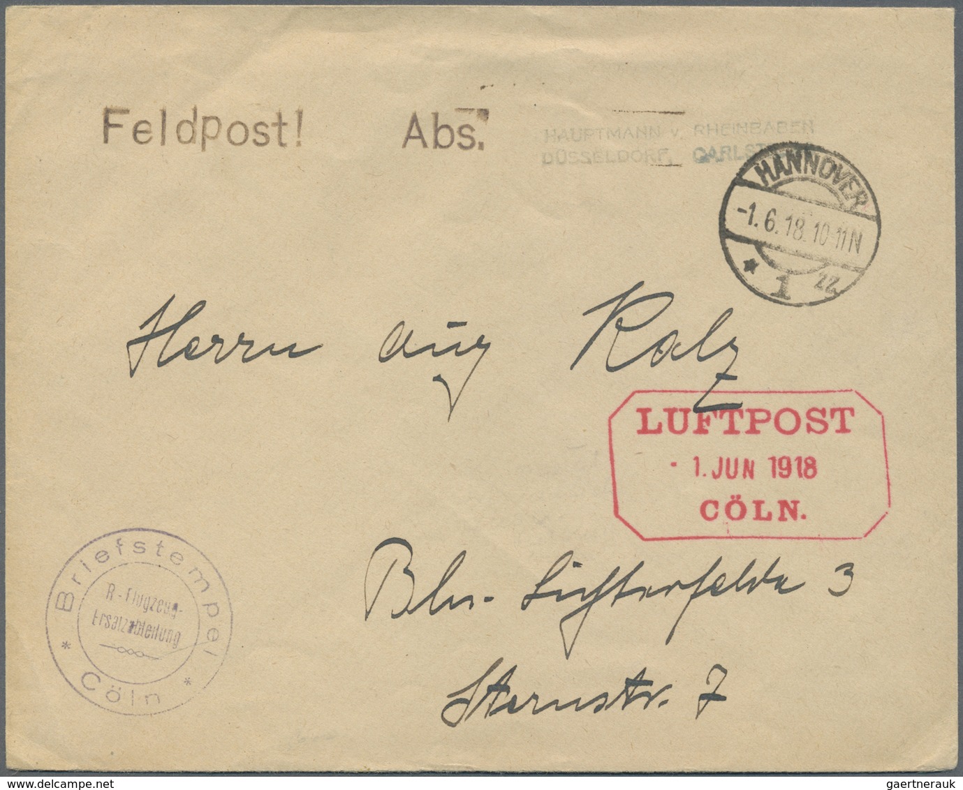 Br Flugpost Deutschland: 1918: KÖLN-HANNOVER 1.6./MILITÄR LUFTPOST. Luftfeldpostbrief Mit Briefstempel - Poste Aérienne & Zeppelin