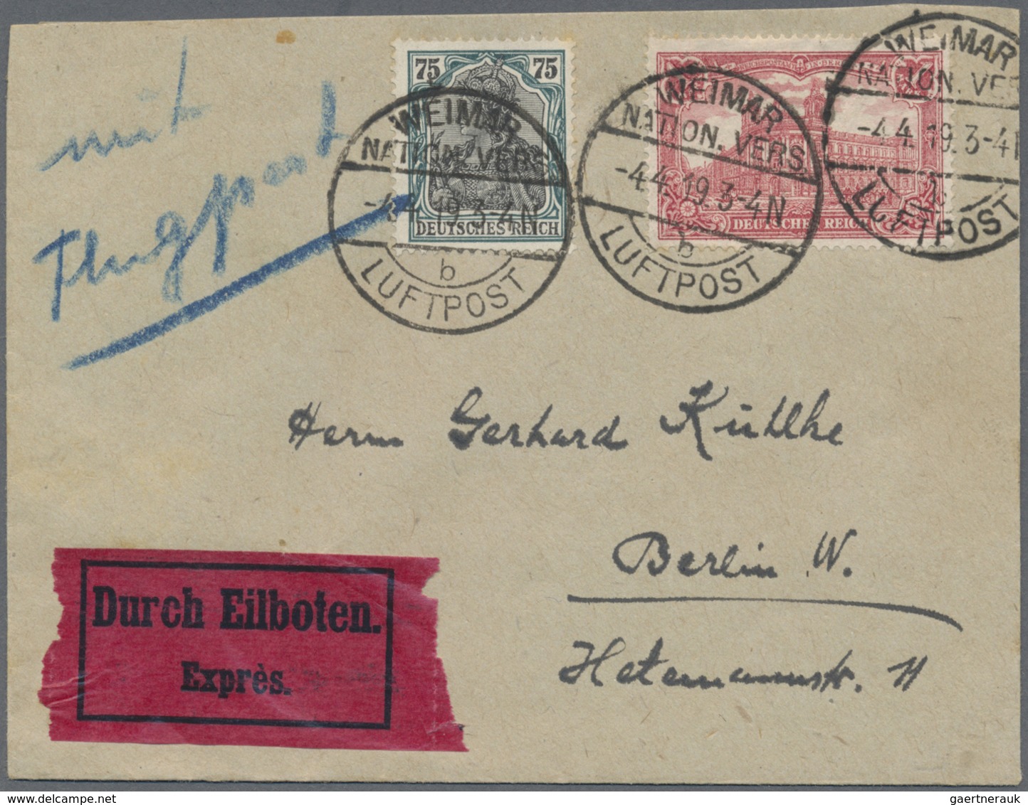Br Flugpost Deutschland: 1919, Erstflugbrief "BERLIN-WEIMAR" Als Eilboten Am 6.2.19 Frankiert Mit 50 Pf - Poste Aérienne & Zeppelin