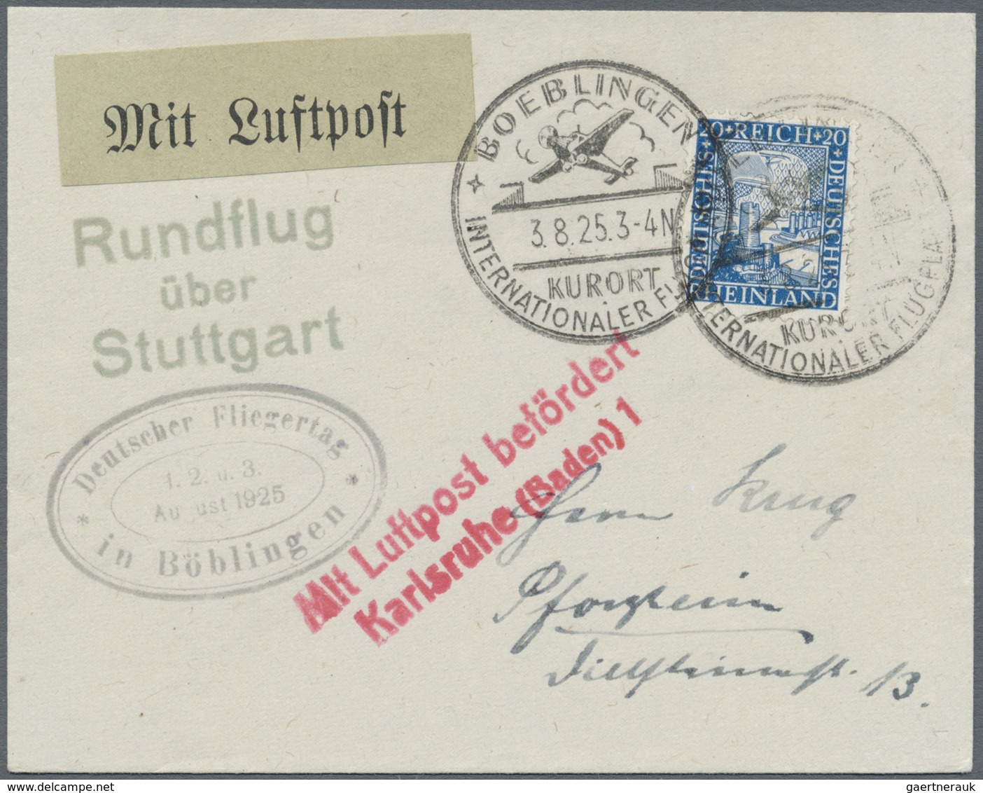 Br Flugpost Deutschland: 1925, Flugplatz STUTTGART-BÖBLINGEN, Drei Belege Zum Deutschen Fliegertag, Zwe - Luchtpost & Zeppelin