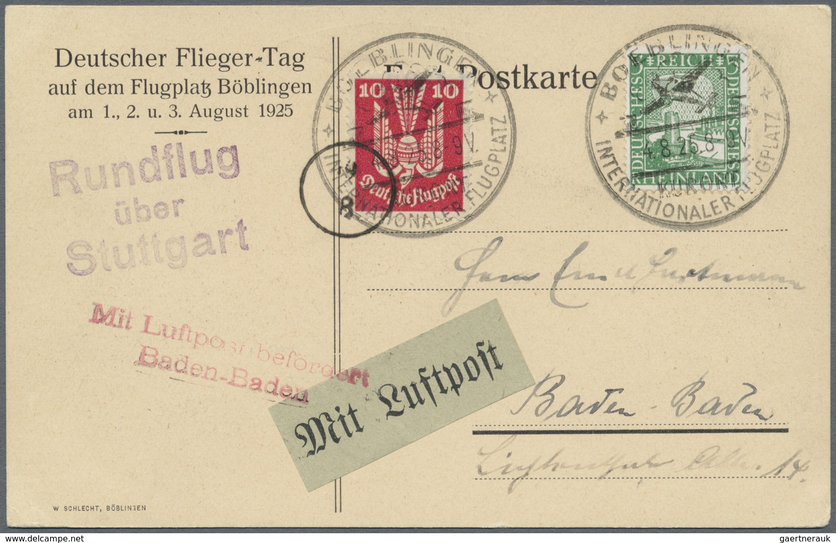 Br Flugpost Deutschland: 1925, Flugplatz STUTTGART-BÖBLINGEN, Drei Belege Zum Deutschen Fliegertag, Zwe - Poste Aérienne & Zeppelin