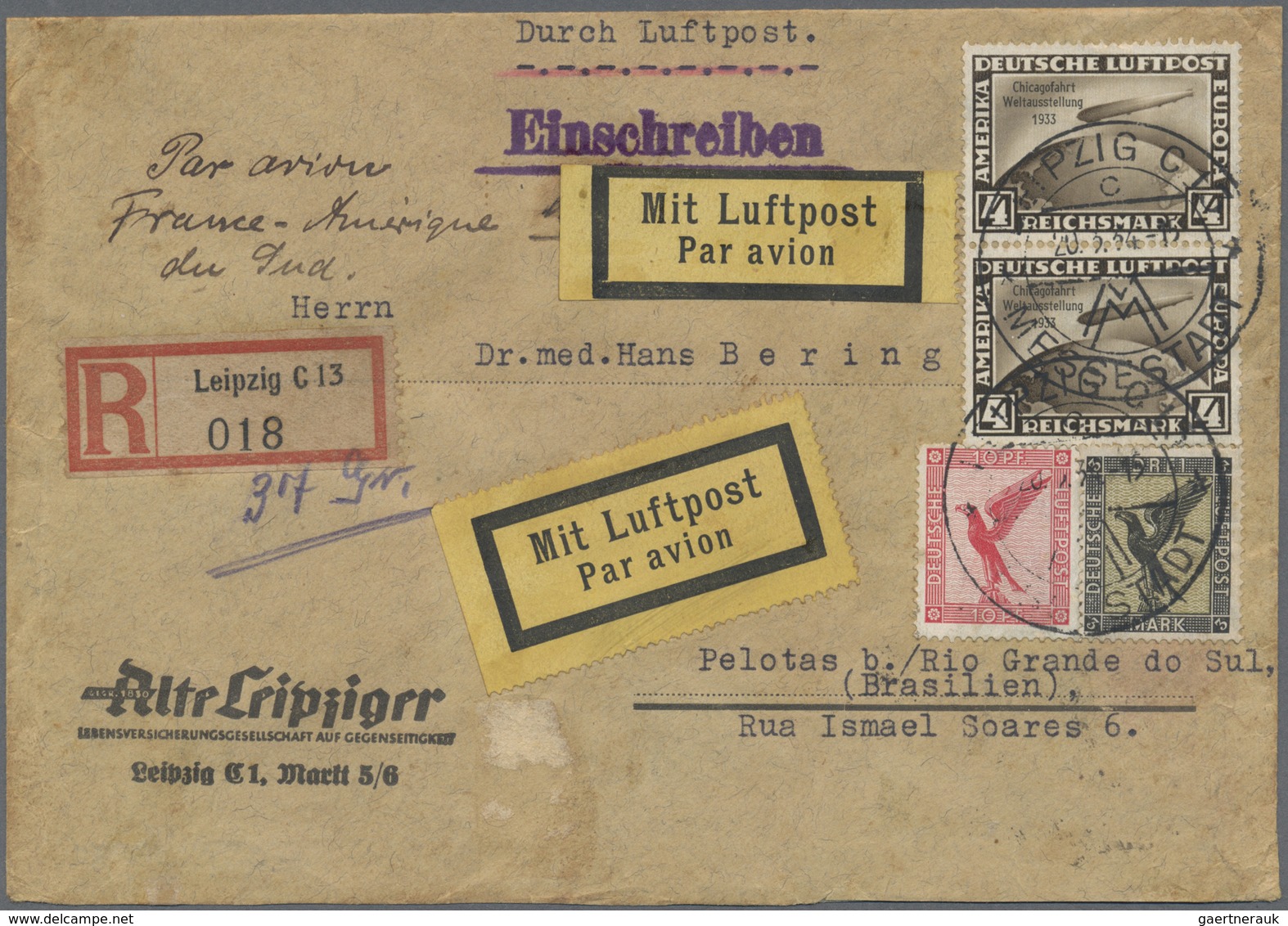 Br Flugpost Deutschland: 1933, 4 RM Zeppelin-Chicagofahrt Im Senkr. Paar Mischfrankatur Auf R-Luftpost- - Poste Aérienne & Zeppelin