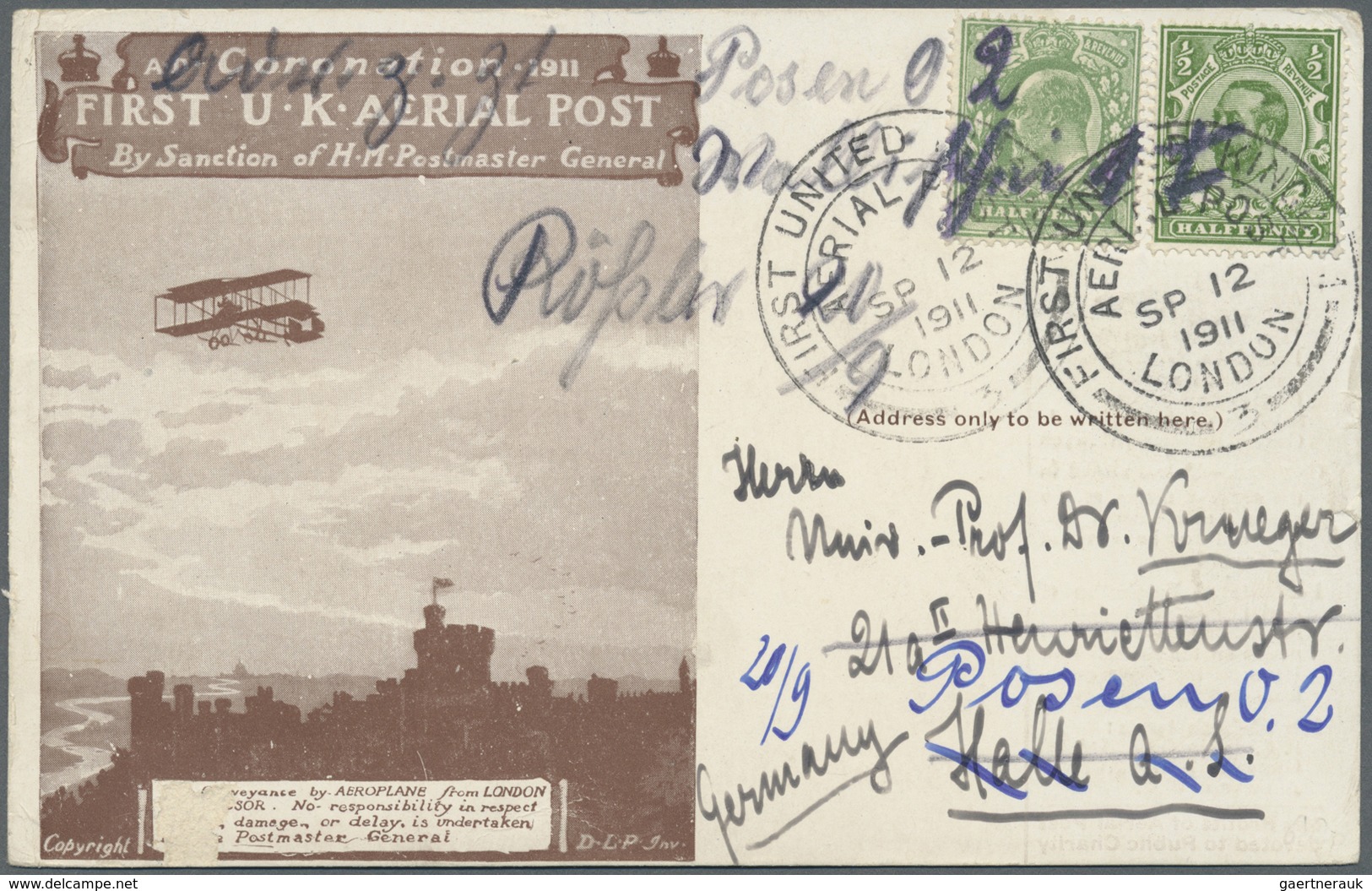 Flugpost Europa: 1911(Spt. 12) "FIRST UNITED KINGDOM AERIAL POST LONDON SP 12 1911" On Picture Card - Andere-Europa