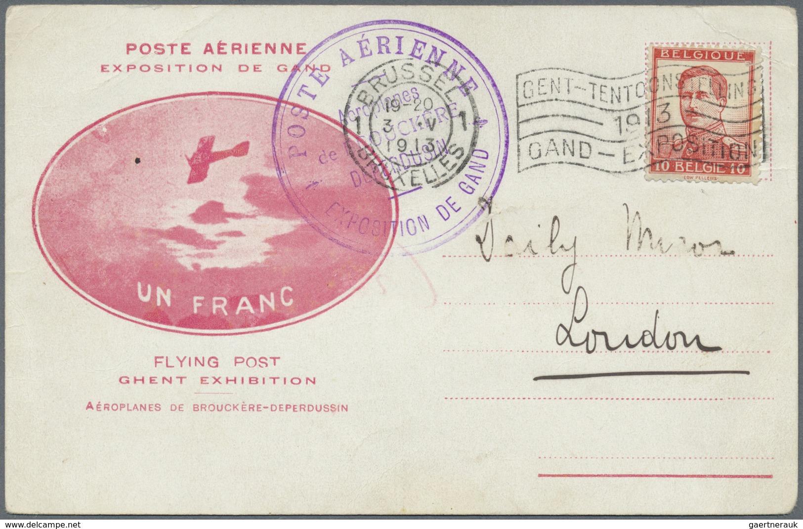 Br Flugpost Europa: Belgien: 1913, Pioneer Flight 1. Exposition De Gand, 10 C. Red Tied By Machine Canc - Autres - Europe