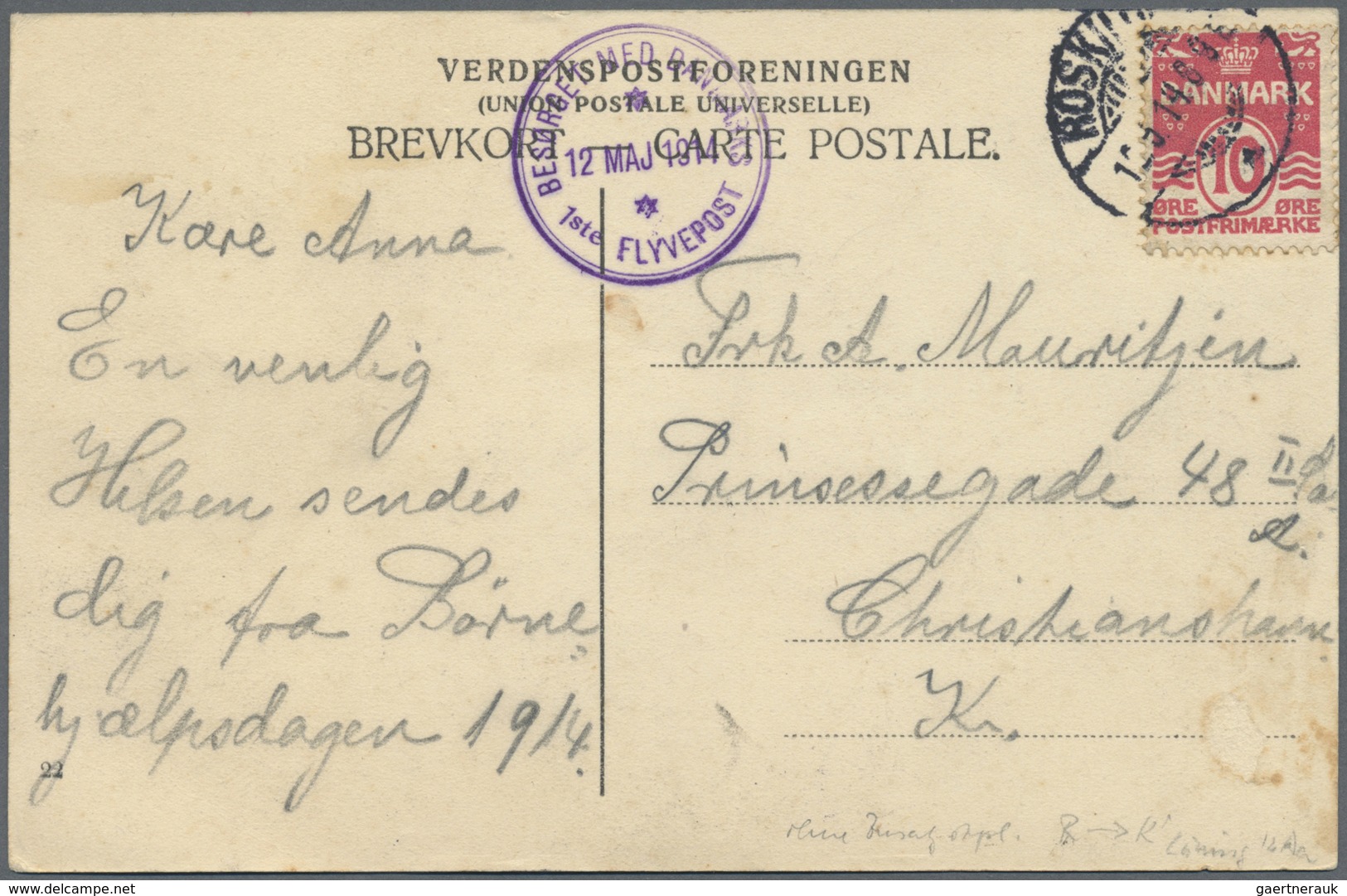 Flugpost Europa: 1914, Dänemark, Roskilde - Copenhagen, Erstflug Mit Violettem Bestätigungsstpl. V. - Autres - Europe