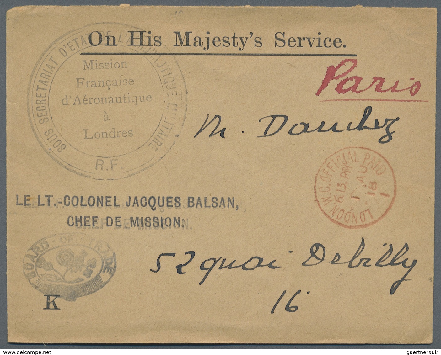 Br Flugpost Europa: 1918, Stampless Military Mail Envelope Stamped 'Le Lt-Colonel Jacques Balsan/Chef D - Andere-Europa