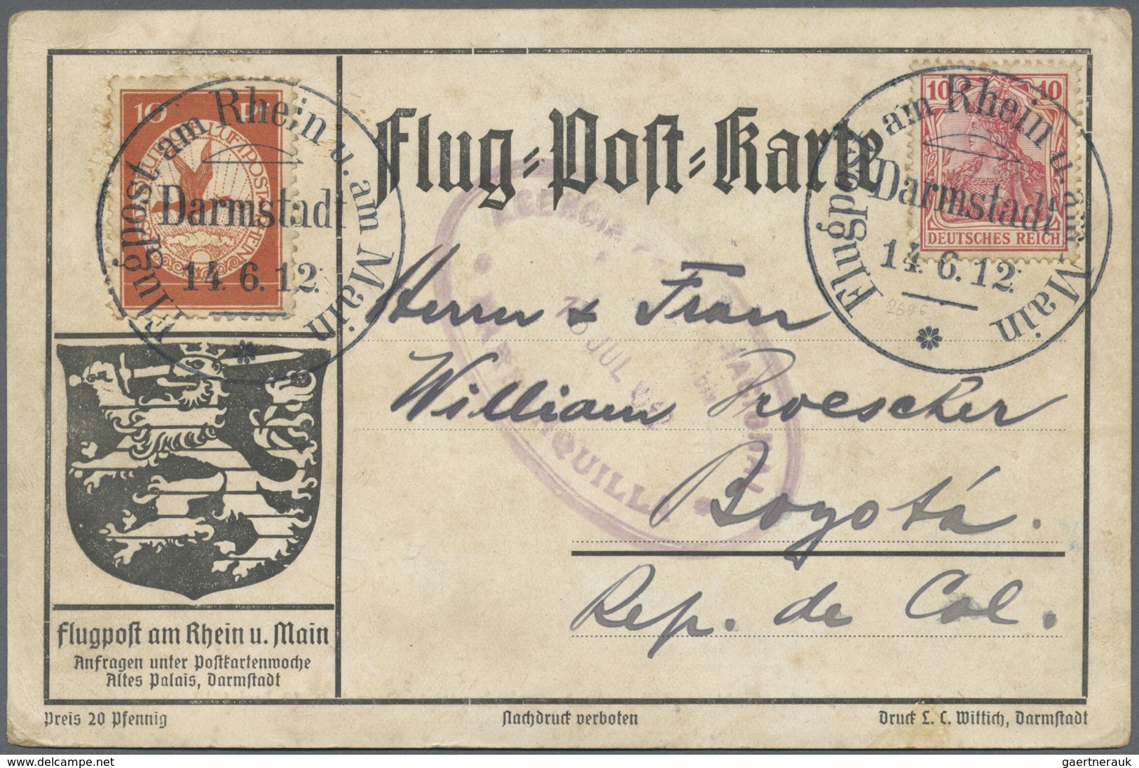 Flugpost Übersee: 1912, Airmail Rhein-Main To Columbia(!): Airmail Stamp 10 Pf And Germania 10 Pf. O - Autres & Non Classés