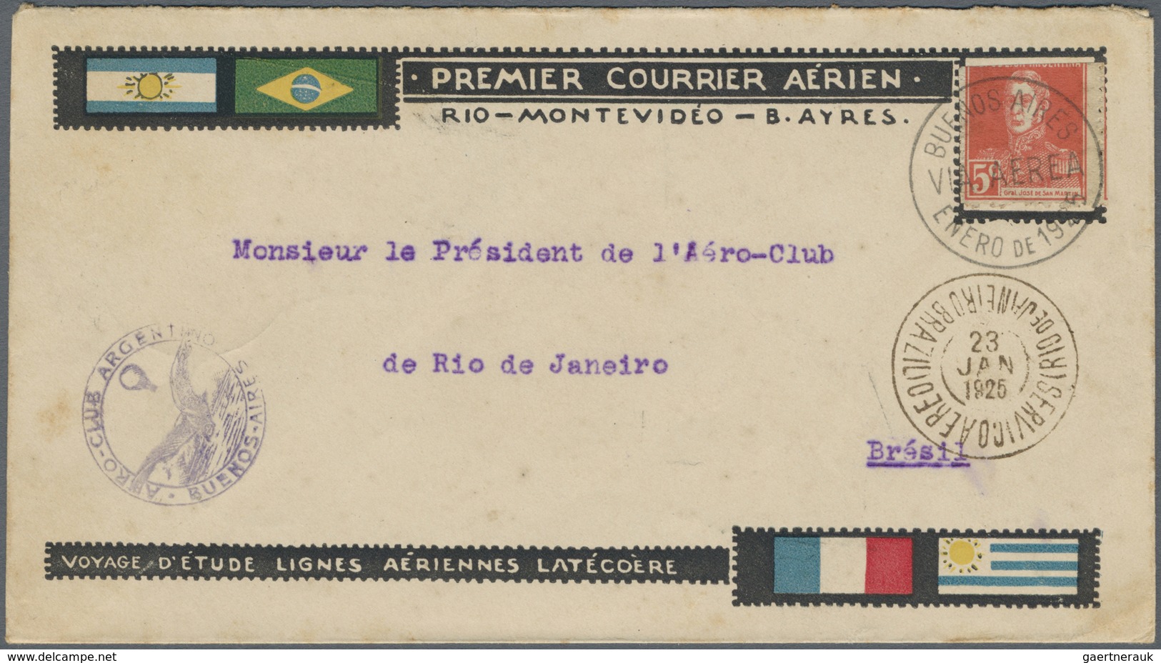 Br Flugpost Übersee: 1925 (Jan. 21), Buenos Aires - Rio De Janeiro First Flight, "Premier Courrier Aéri - Andere & Zonder Classificatie