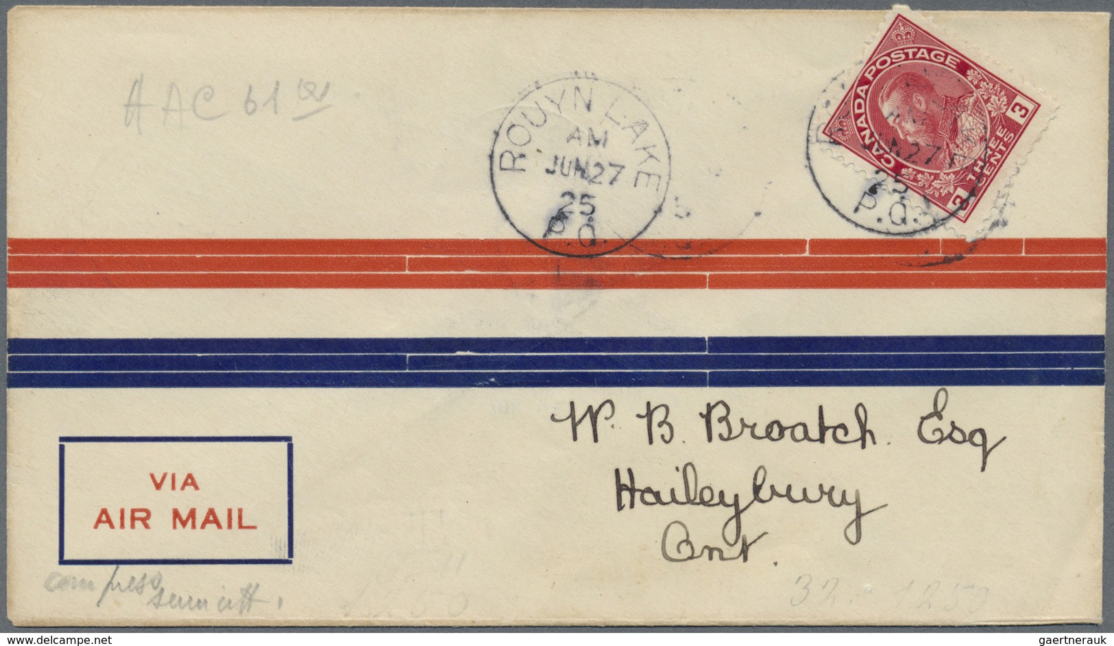 Br Flugpost Übersee: Canada: 1925, Rouyn - Haileybury Fllight, Airmail Semi-Offical Stamp 25 C. Tied By - Andere & Zonder Classificatie