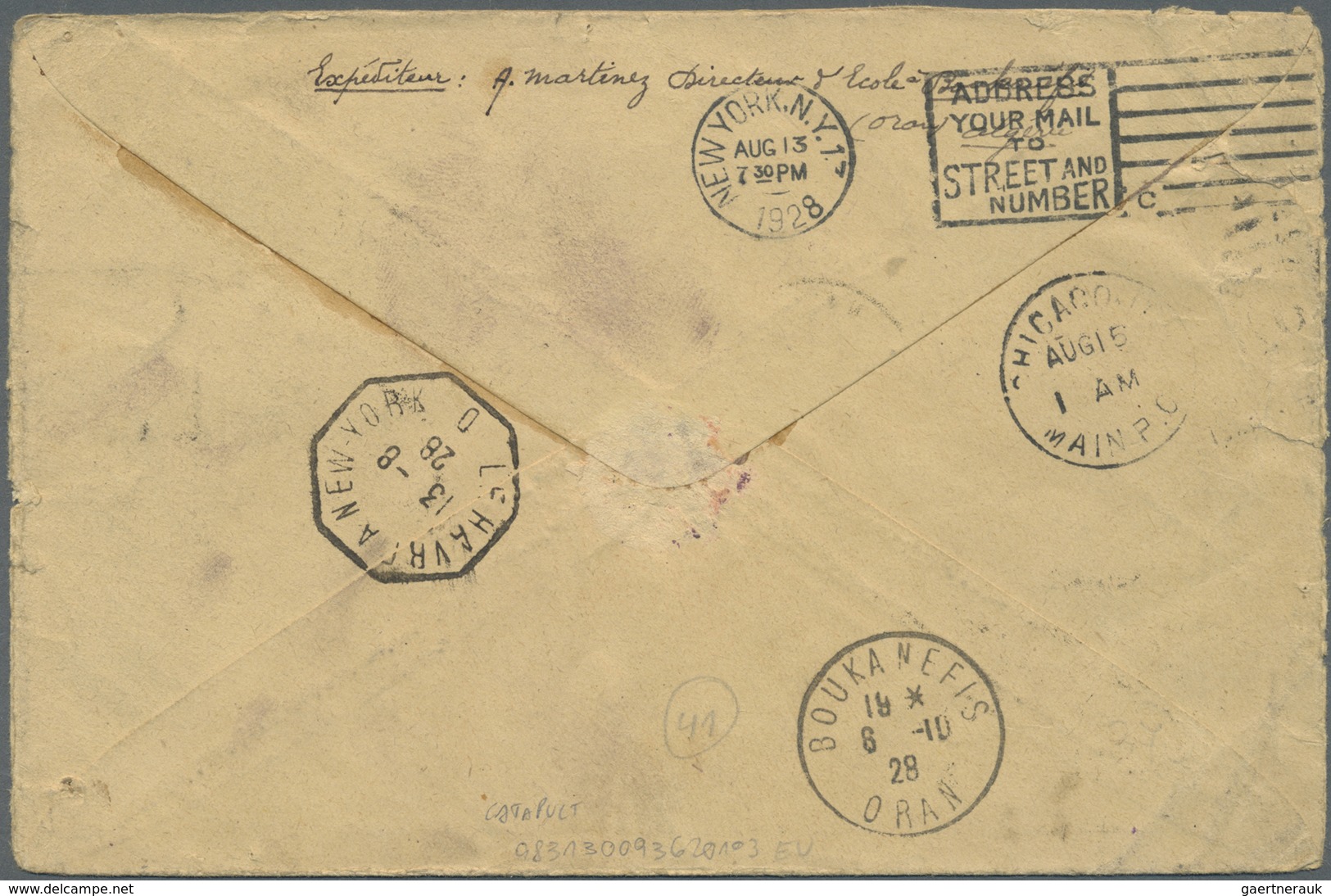 Br Flugpost Übersee: Algerien: 1928, Zuleitung Katapultpost Ille De France, Bunt Frankierter Brief Aus - Andere & Zonder Classificatie