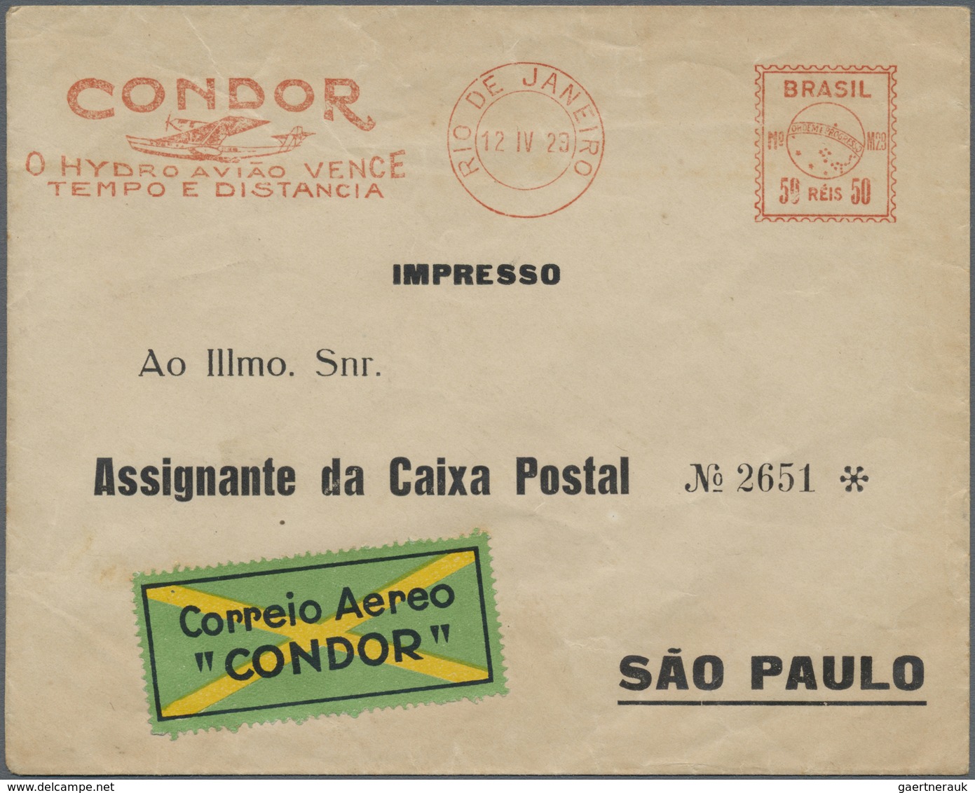 Br Flugpost Übersee: 1929, "CONDOR" 50rs. Metermark On Cover From "RIO DE JANEIRO 12 IV 29" To Sao Paul - Autres & Non Classés