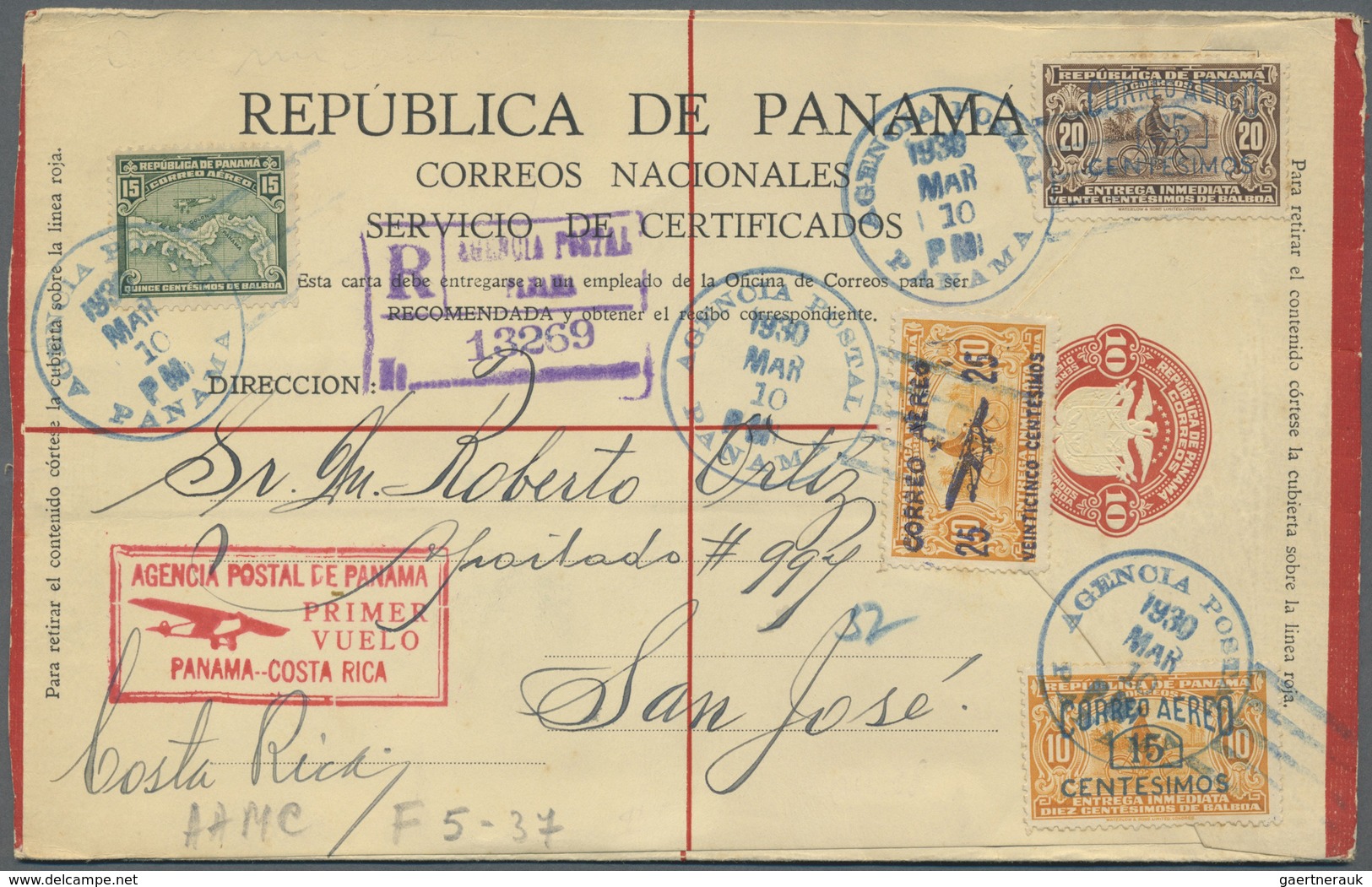 GA Flugpost Übersee: PANAMA: 1930, First Flight Panama To Costa Rica, 10 C. Postal Stationery Registere - Andere & Zonder Classificatie