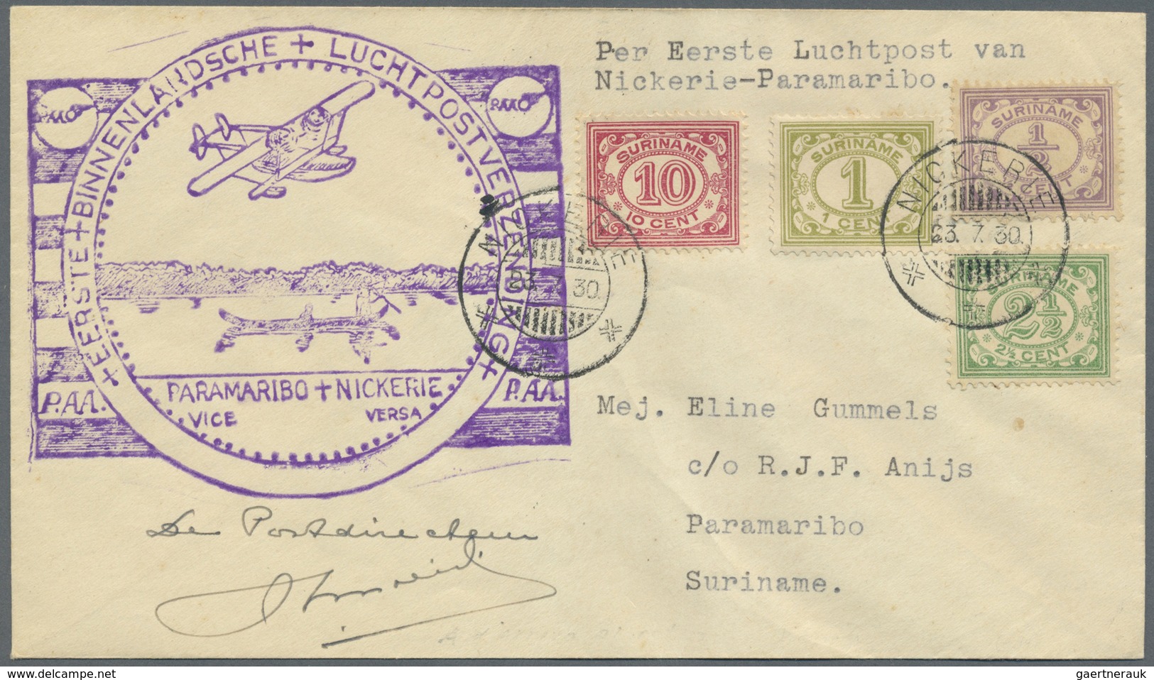 Br Flugpost Übersee: SURINAME: 1930, PAA First Flight Nickerie To Paramaribo, Cover From "NICKERIE 23.7 - Andere & Zonder Classificatie