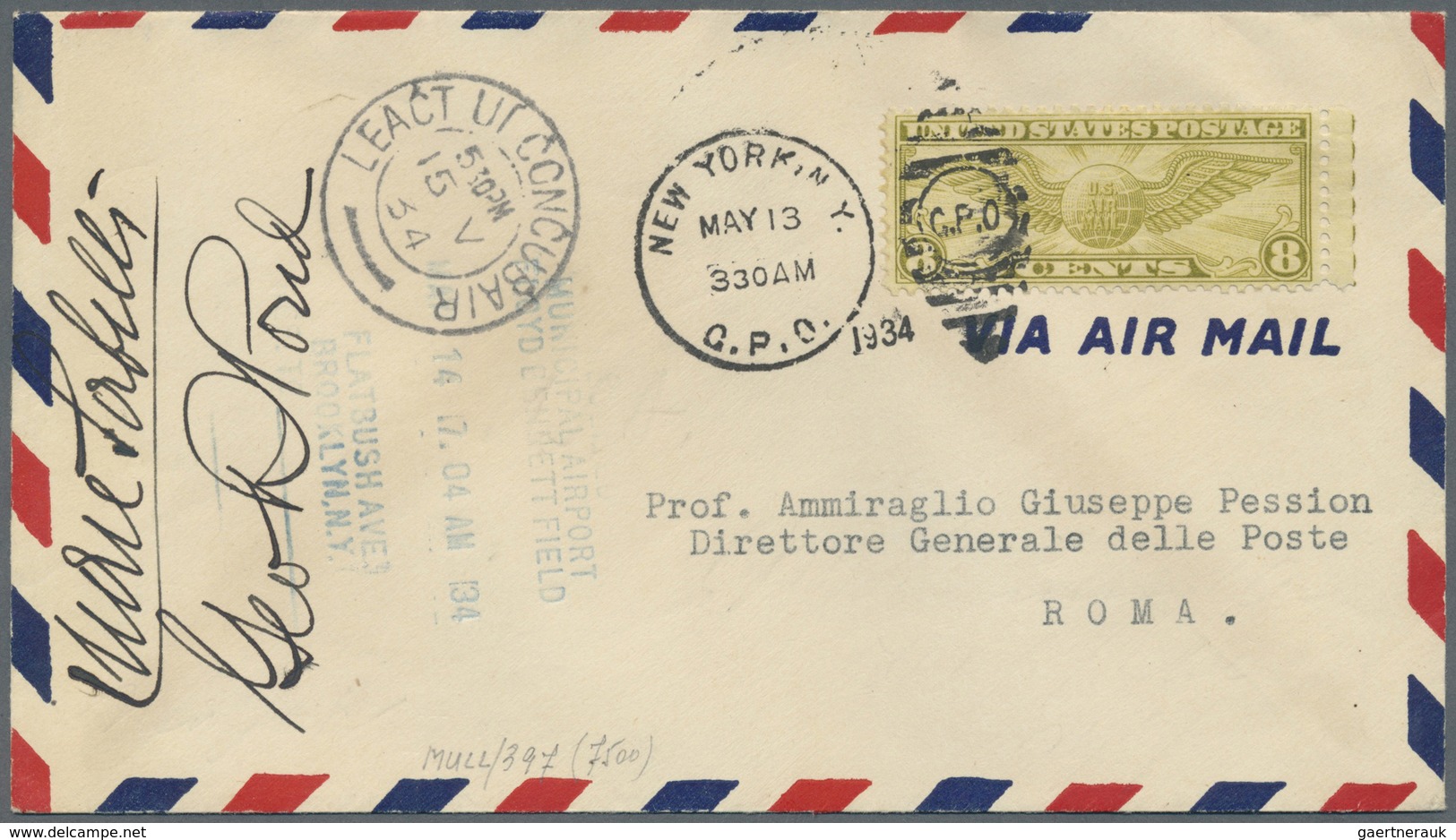 Br Flugpost Übersee: USA: 1934, Flight New York To Lahuich With Plane "Leornado Da Vinici", Cover From - Autres & Non Classés