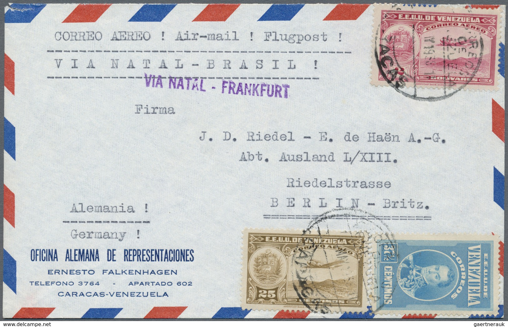 Br/ Flugpost Übersee: 1938, Business Air Mail Letter CARACAS-BERLIN "VIA NATAL-FRANKFURT" - Autres & Non Classés