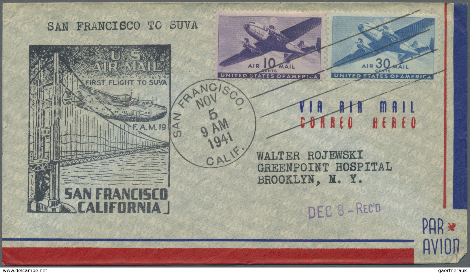 Br Flugpost Übersee: USA: 1941, U.S. Air Mail First Flight To SUVA/Fiji, Four Covers From Los Angeles, - Autres & Non Classés