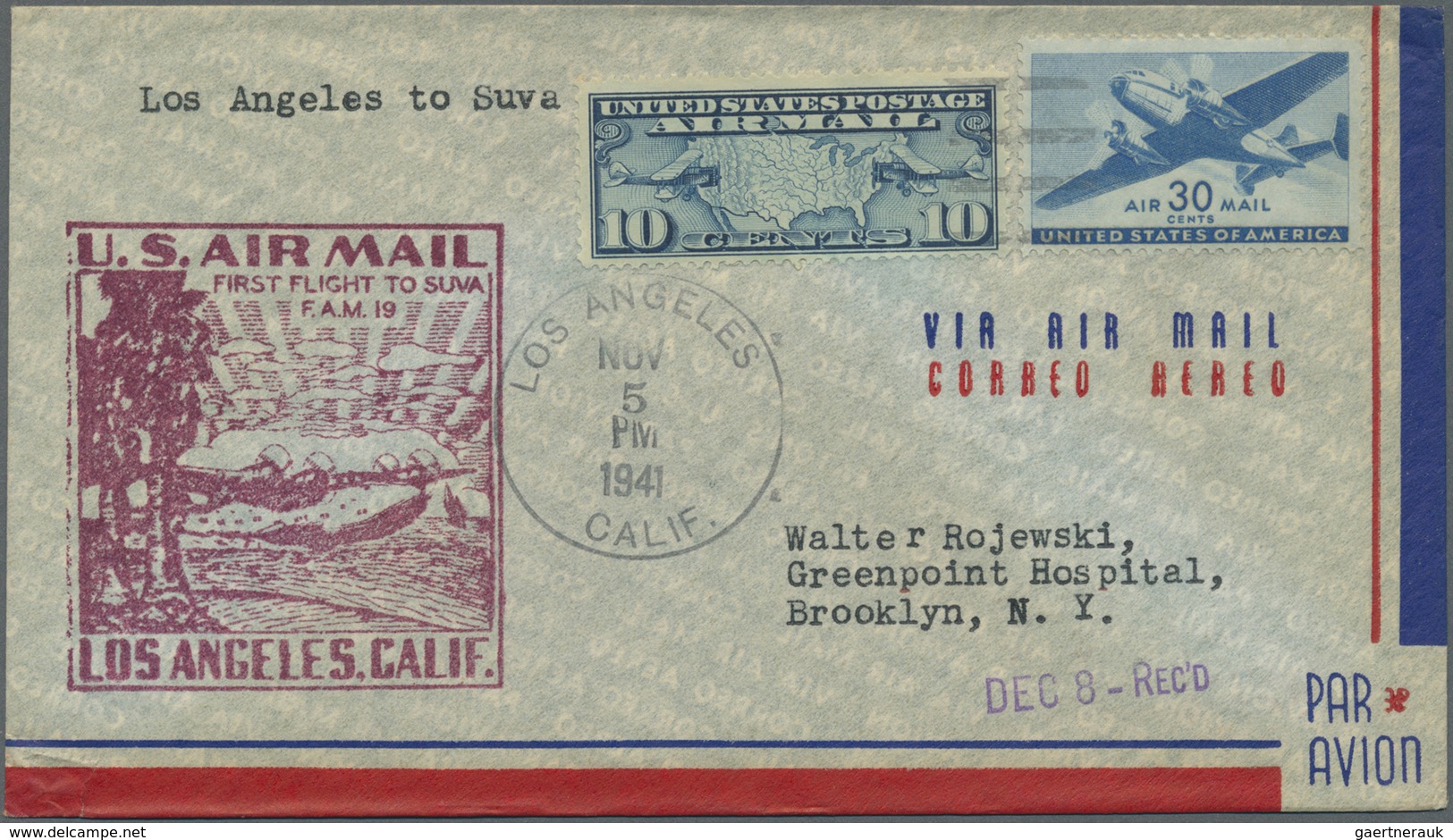 Br Flugpost Übersee: USA: 1941, U.S. Air Mail First Flight To SUVA/Fiji, Four Covers From Los Angeles, - Autres & Non Classés