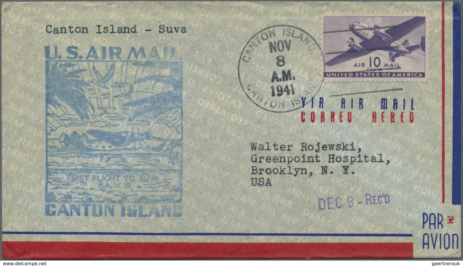 Br Flugpost Übersee: USA: 1941, U.S. Air Mail First Flight to SUVA/Fiji, four covers from Los Angeles,