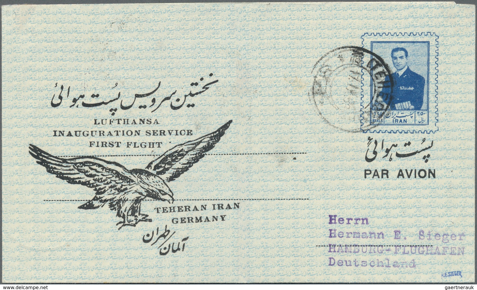 Br Flugpost Übersee: 1956, Lufthansa Rückflug Teheran - Hamburg 17.9 Mit Ank.-Stempel 18.9., Gepr. H. E - Autres & Non Classés