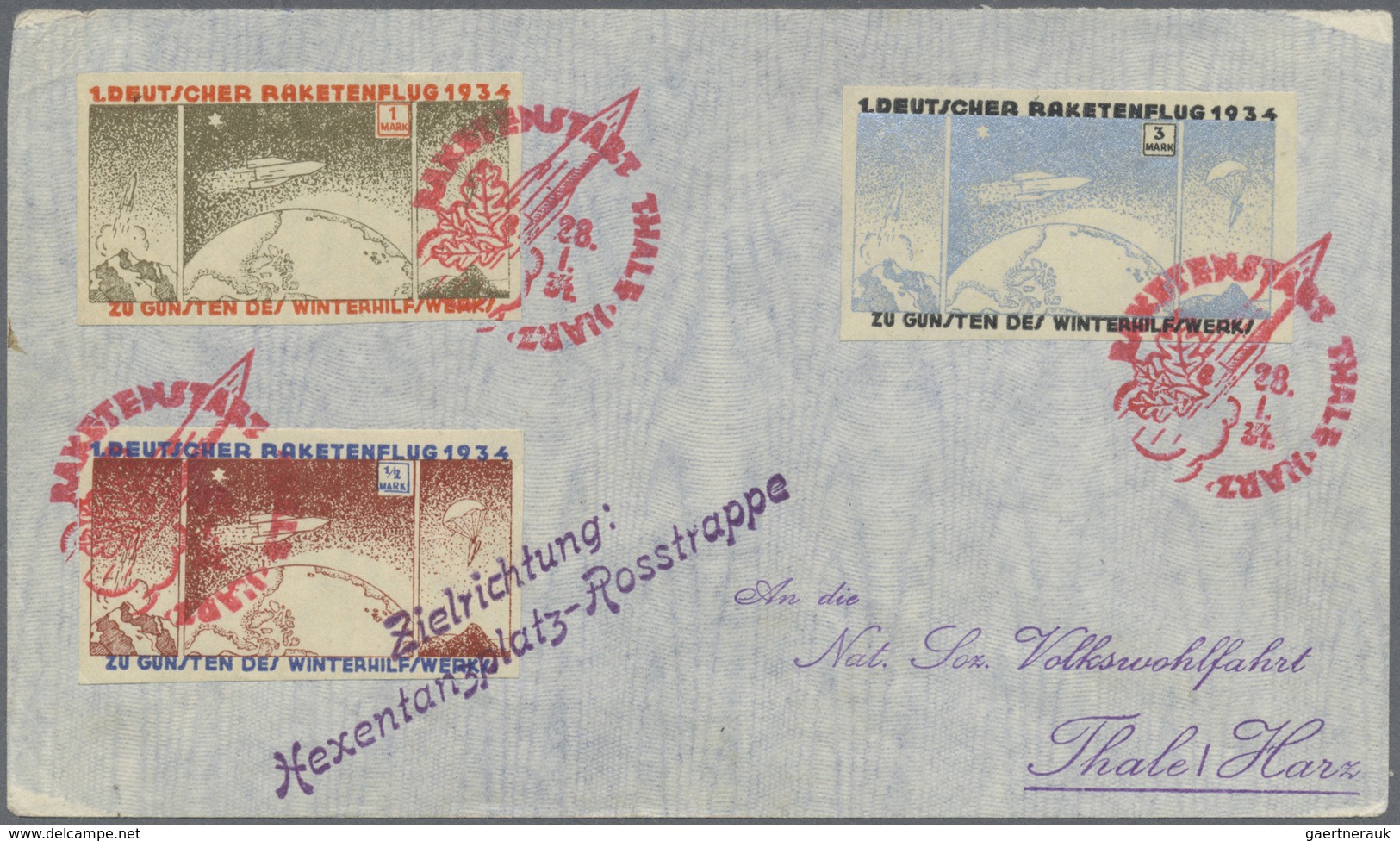 Br Raketenpost: 1934, RAKETENSTART THALE 28.1.34 Toller Beleg Mit Frankatur 1/2, 1 Und 3 Mark, Aderssst - Autres & Non Classés