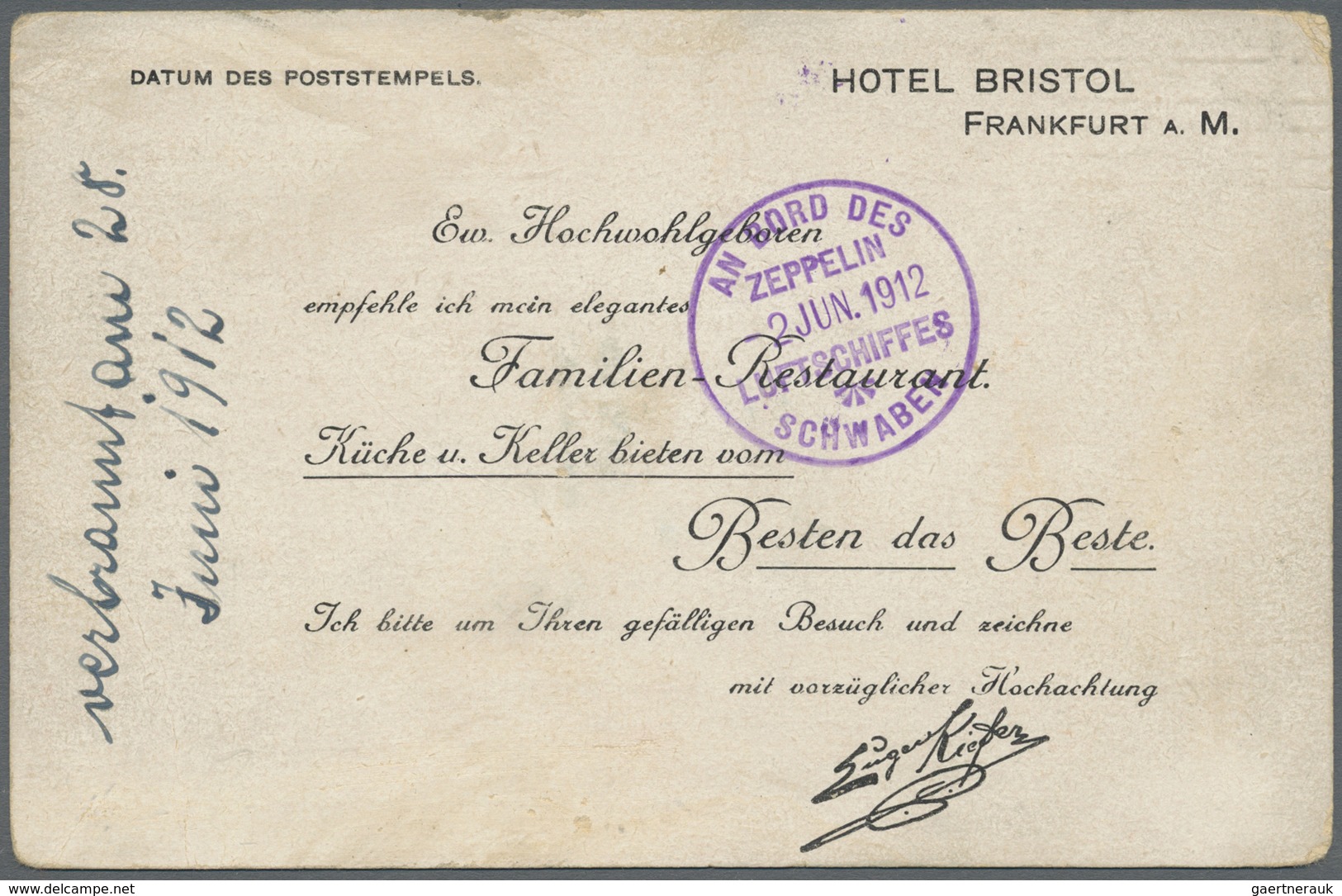 Zeppelinpost Deutschland: 1912, Rundfahrt Von Und Bis Oos, Violetter Bordstempel Type I Vom 2.6. Auf - Luchtpost & Zeppelin