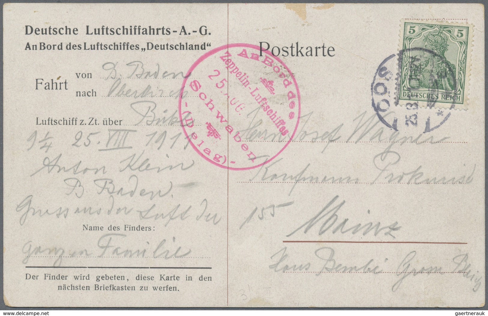 Br Zeppelinpost Deutschland: 1911, LZ 10 "Schwaben", Bordpost-Stempel In Type II Vom 25.8.1911 Auf Dela - Luft- Und Zeppelinpost