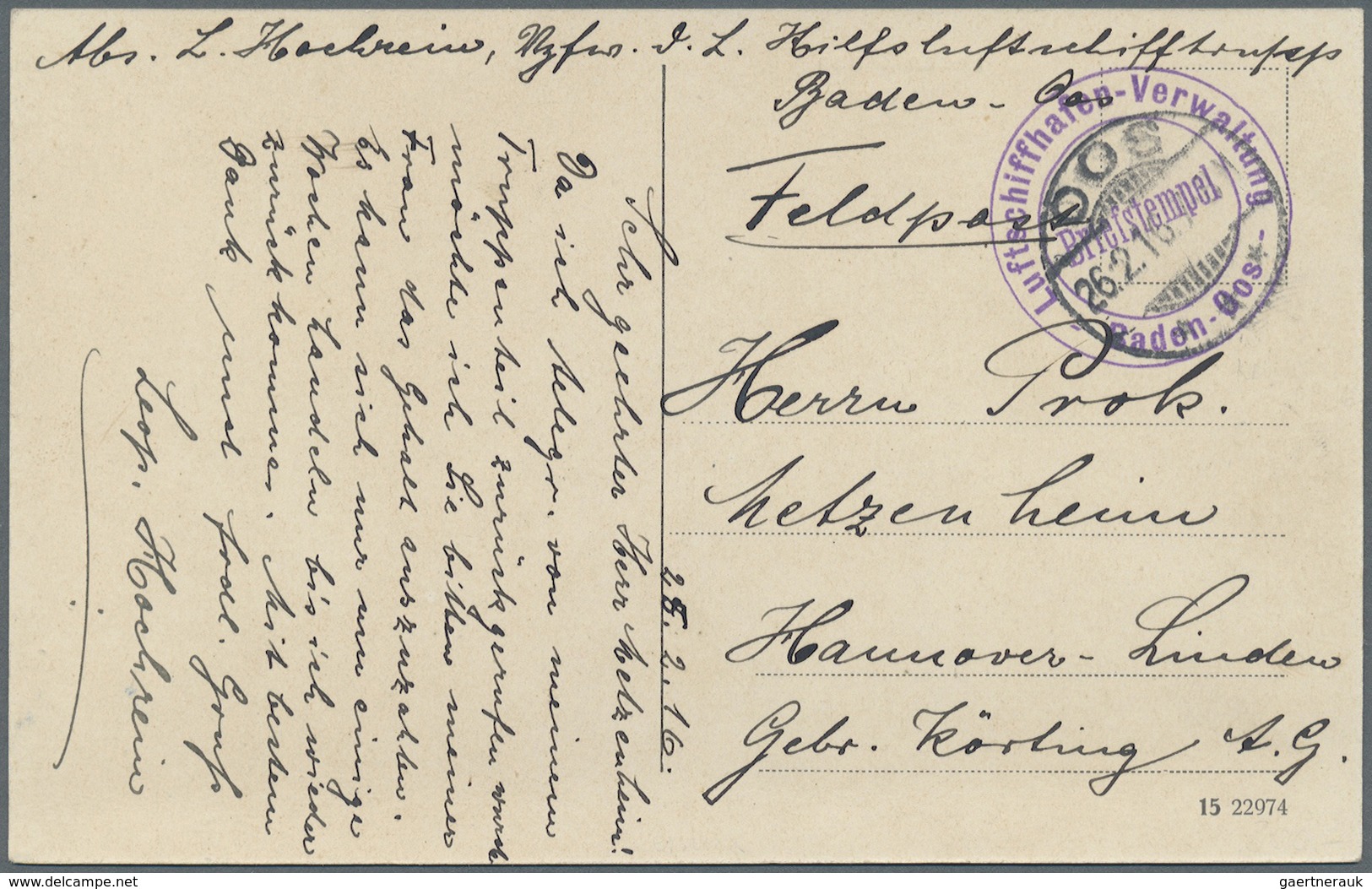 Zeppelinpost Deutschland: 1916, BADEN-OOS / LUFTSCHIFFHAFEN-VERWALTUNG (Briefstempel) Und Poststempe - Poste Aérienne & Zeppelin