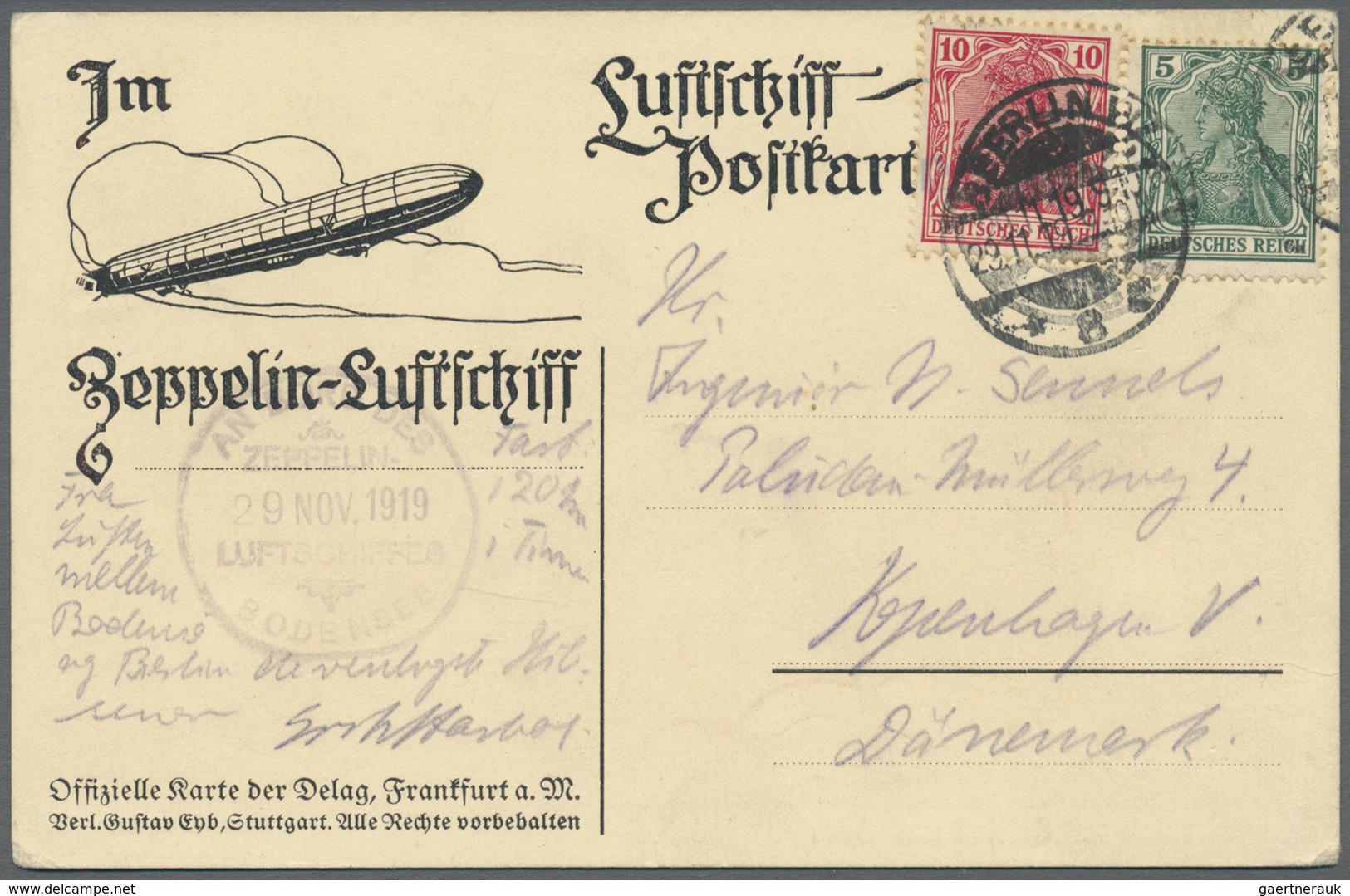 Br Zeppelinpost Deutschland: 1919, LZ 120 (Bodensee), Delag-Karte Mit 10 Pfg. Und 5 Pfg. Germania Von " - Luchtpost & Zeppelin