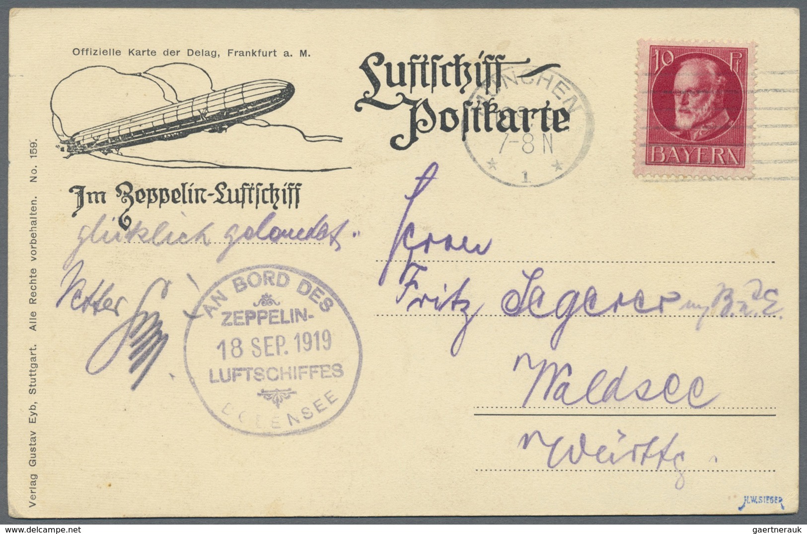 Br Zeppelinpost Deutschland: 1919, Luftschiff Bodensee Mit Bordpoststempel Vom 18.SEP., Fahrt Friedrich - Luchtpost & Zeppelin