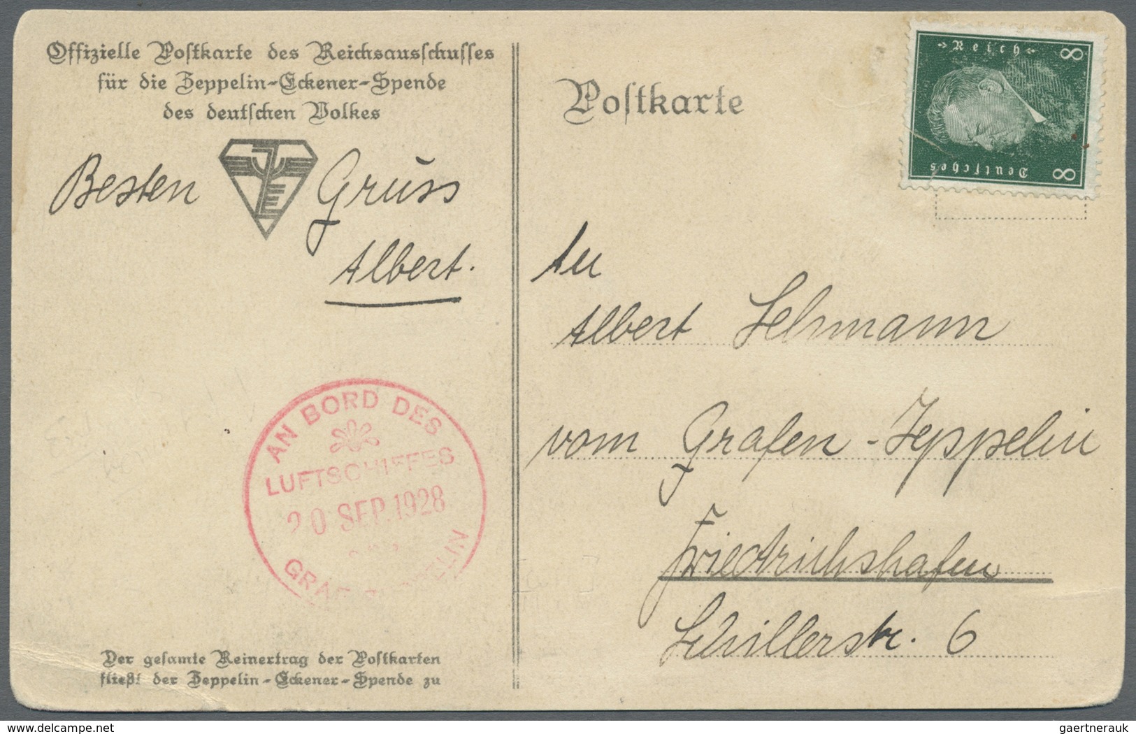 Br Zeppelinpost Deutschland: Südwestdeutschlandfahrt 1928, Bordpost 20.8.1928, Farbige Spendenkarte Ges - Poste Aérienne & Zeppelin