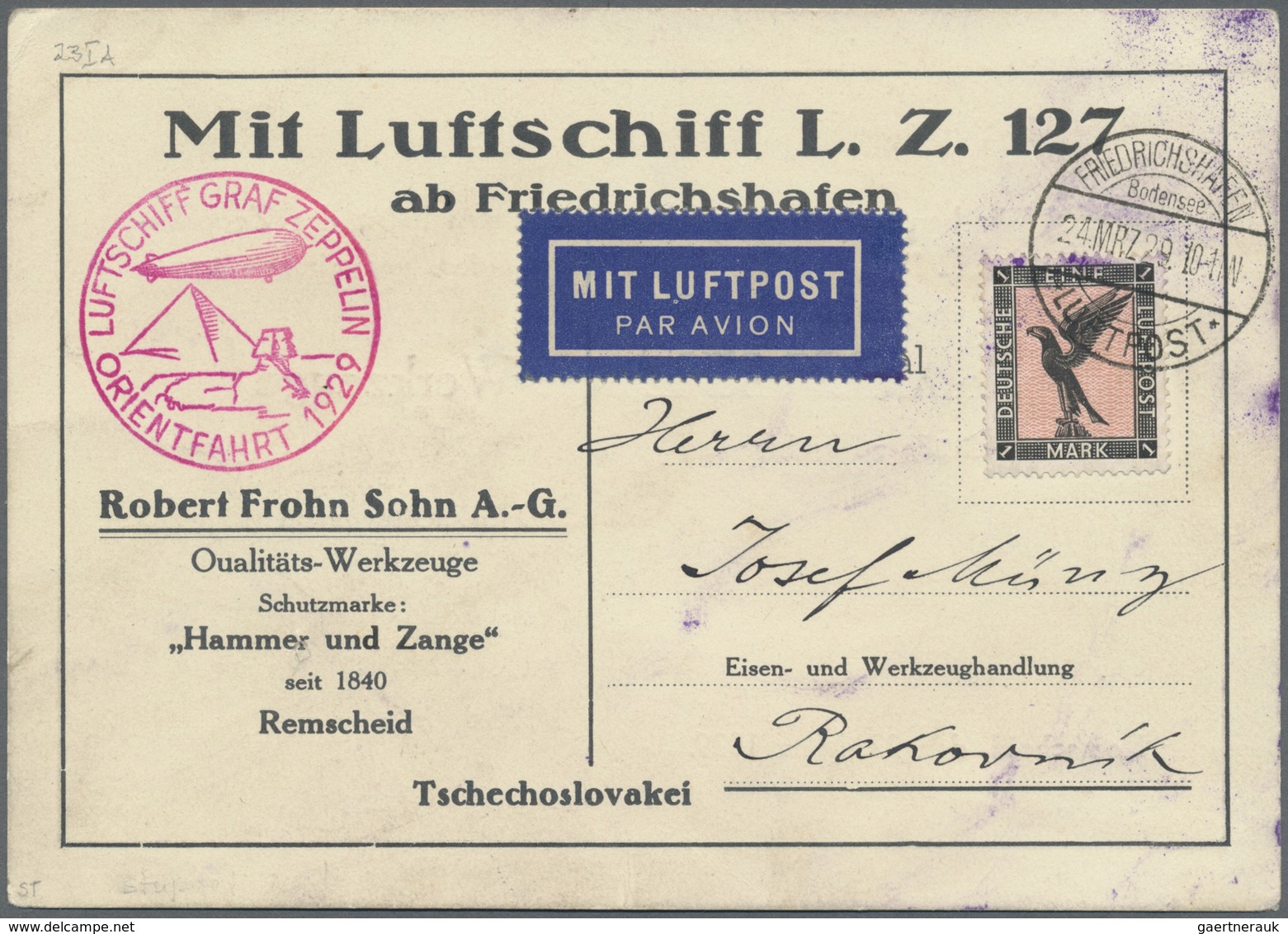 Zeppelinpost Deutschland: 1929, 1M Adler, LZ 127 Orientfahrtgrüsse V. Werkzeugfirma Frohn In Remsche - Poste Aérienne & Zeppelin