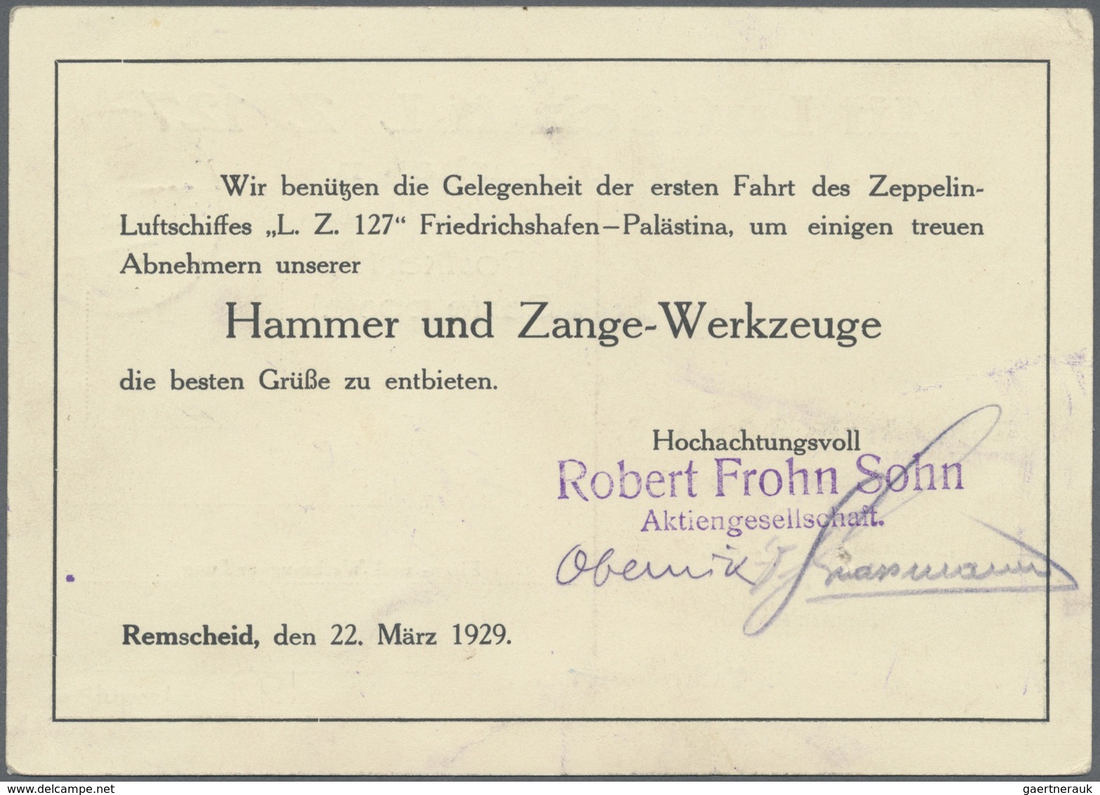 Zeppelinpost Deutschland: 1929, 1M Adler, LZ 127 Orientfahrtgrüsse V. Werkzeugfirma Frohn In Remsche - Luchtpost & Zeppelin