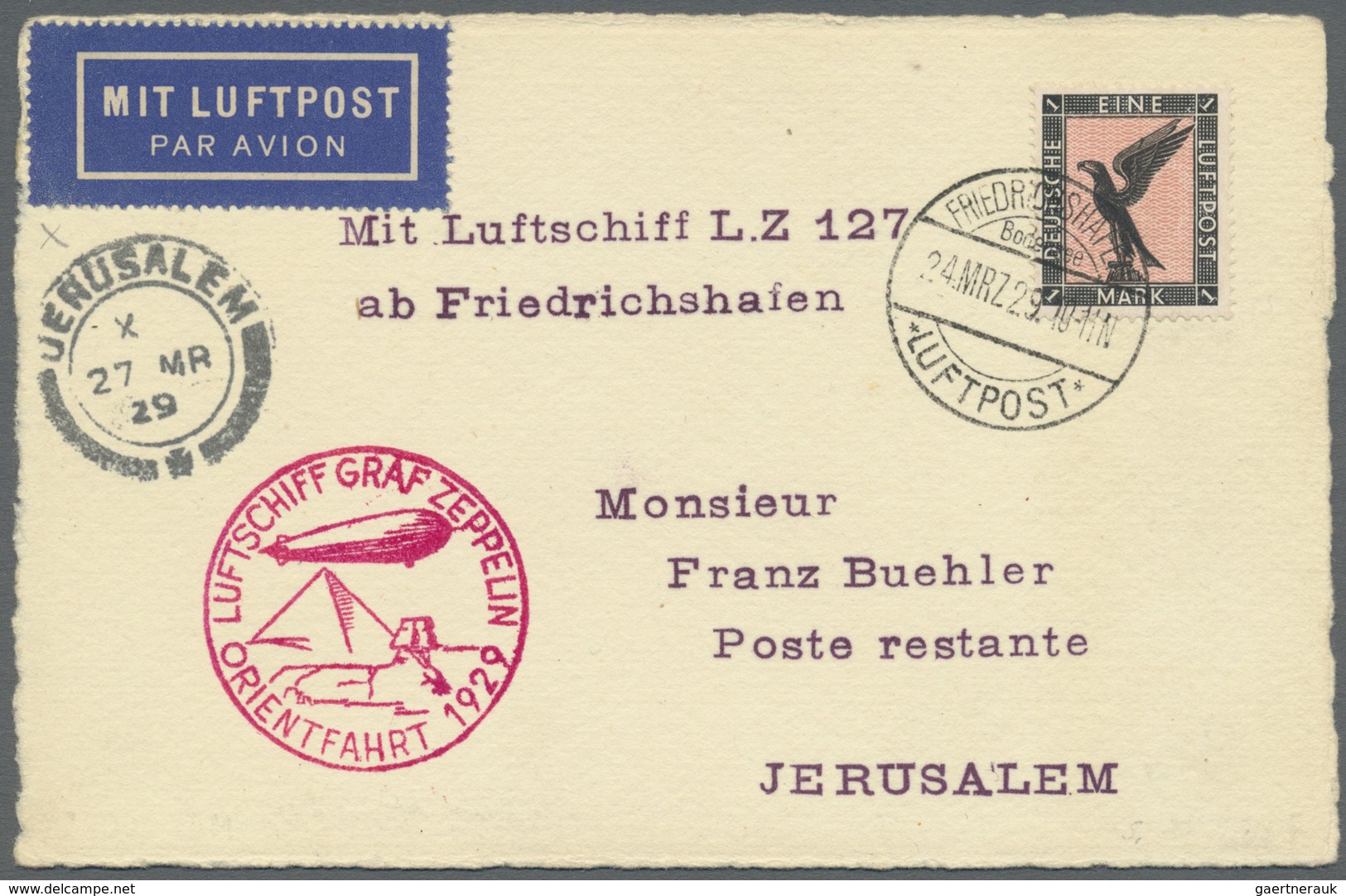 Br Zeppelinpost Deutschland: Orientfahrt 1929 Nach Jerusalem, Postkarte Mit 1 M., - Poste Aérienne & Zeppelin