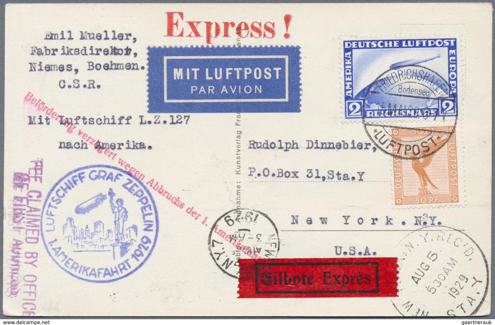 Br Zeppelinpost Deutschland: 1929: AMERIKAFAHRT: EILPOST Als Karte Aus Der Tschechei Mit Deutscher Fran - Poste Aérienne & Zeppelin