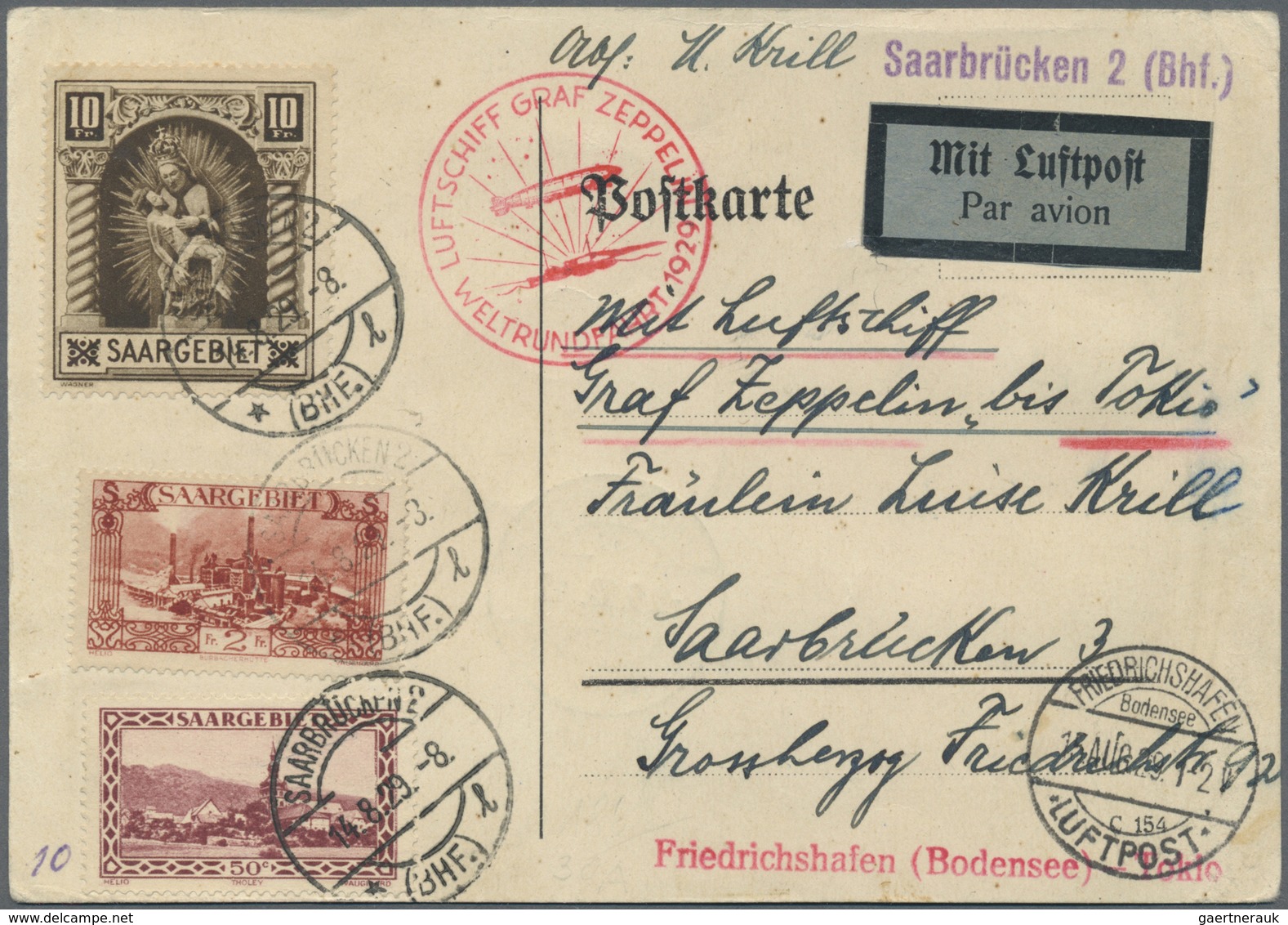 Br Zeppelinpost Deutschland: 1929: SAAR/ Weltrundfahrt: Vertragstaaten-Etappenkarte. Fridrichshafen-Tok - Luchtpost & Zeppelin