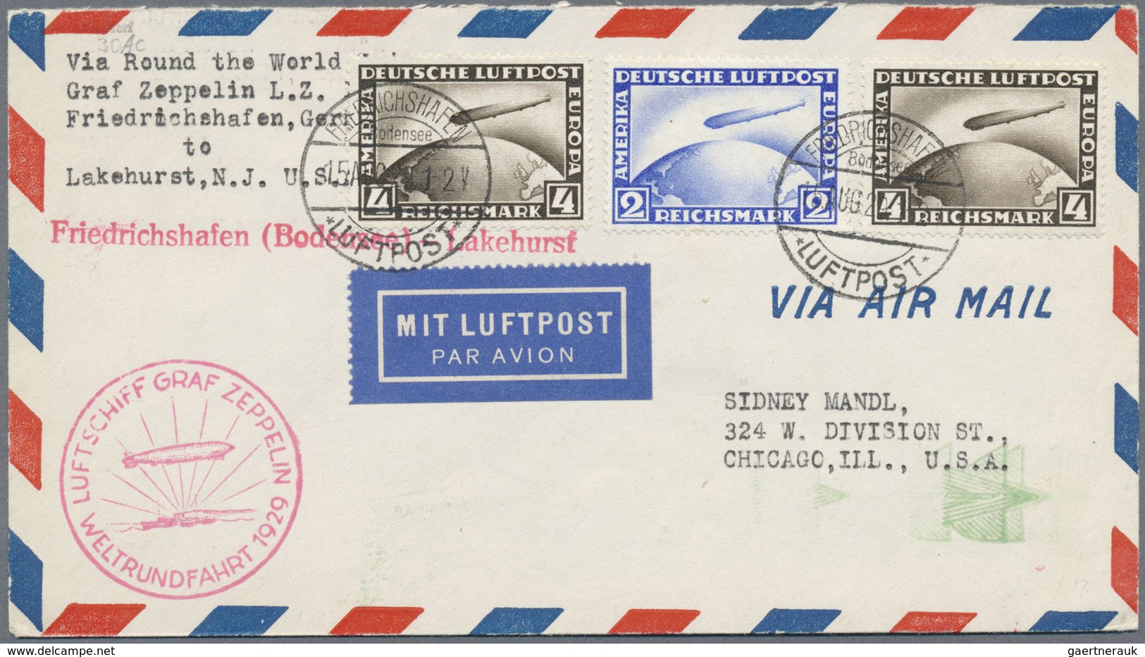 Br Zeppelinpost Deutschland: 1929: WELTRUNDFAHRT/Etappe FHFN-LAKEHURST: 10 RM (Mi 423 + 2x 424) Portori - Poste Aérienne & Zeppelin