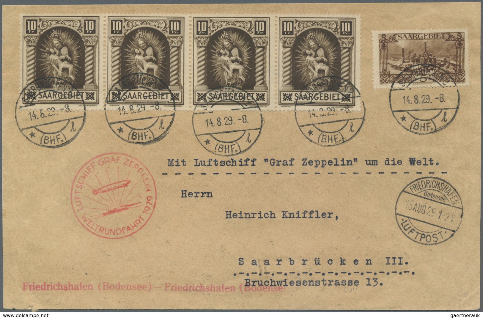 Br Zeppelinpost Deutschland: Saarland: 1929, Weltrundfahrt, Friedrichshafen Bis Friedrichshafen, Brief - Poste Aérienne & Zeppelin