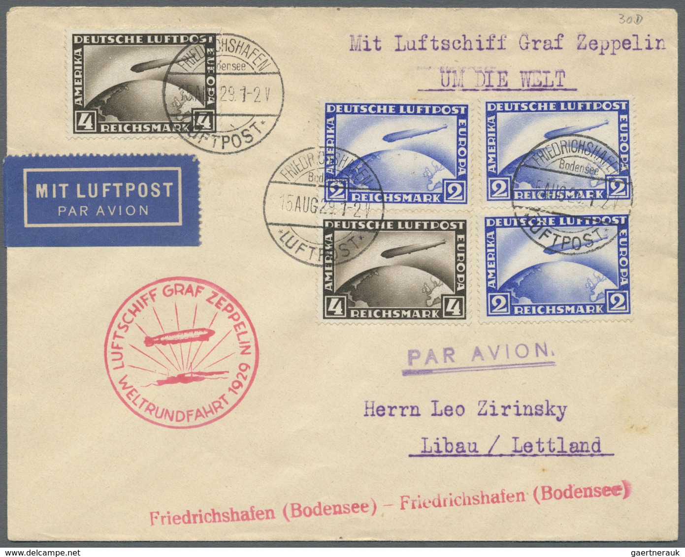 Zeppelinpost Deutschland: 1929, Graf Zeppelin Weltrundfahrt: Brief Mit Zeppelinmarkens 3x 2 RM Und 2 - Poste Aérienne & Zeppelin