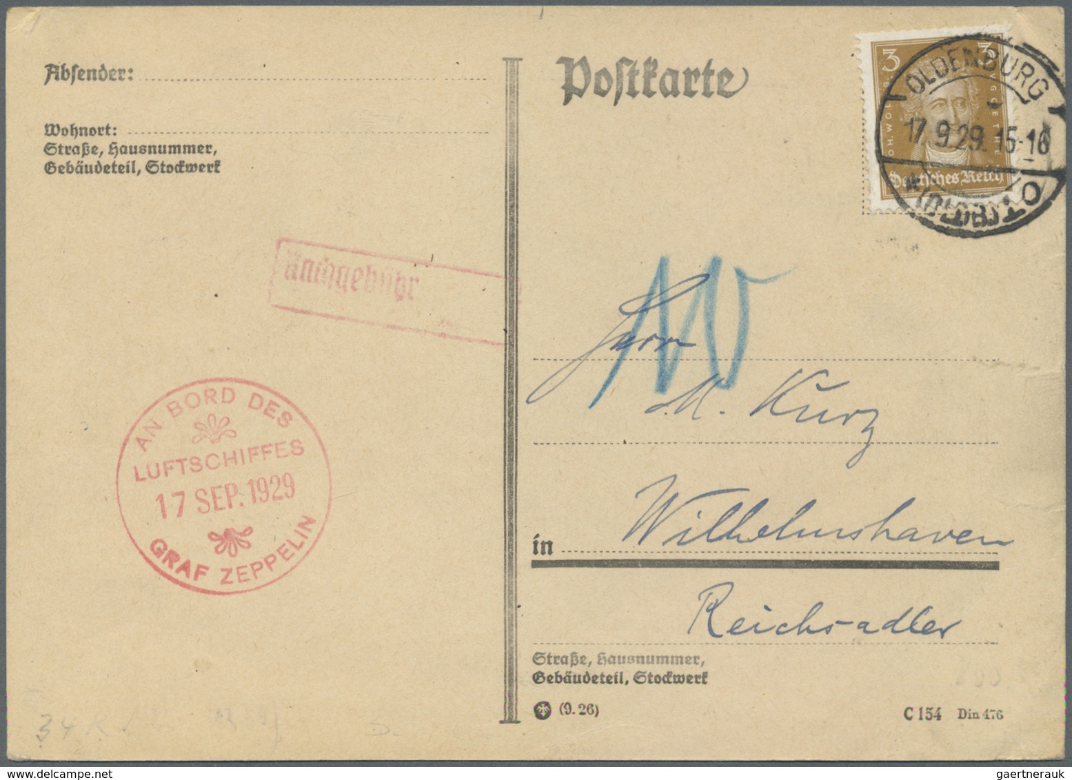 Br Zeppelinpost Deutschland: 1929, Deutschlandfahrt, Teil II, Abwurf Oldenburg, Karte Mit Bordstempel V - Poste Aérienne & Zeppelin