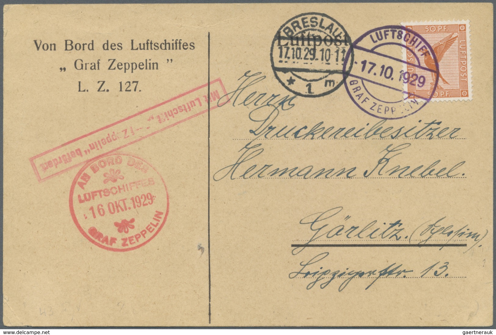 Br Zeppelinpost Deutschland: 1929, Schlesienfahrt Mit Abwurf Breslau, 50 Pfg. Adler Auf Karte Mit Bords - Poste Aérienne & Zeppelin