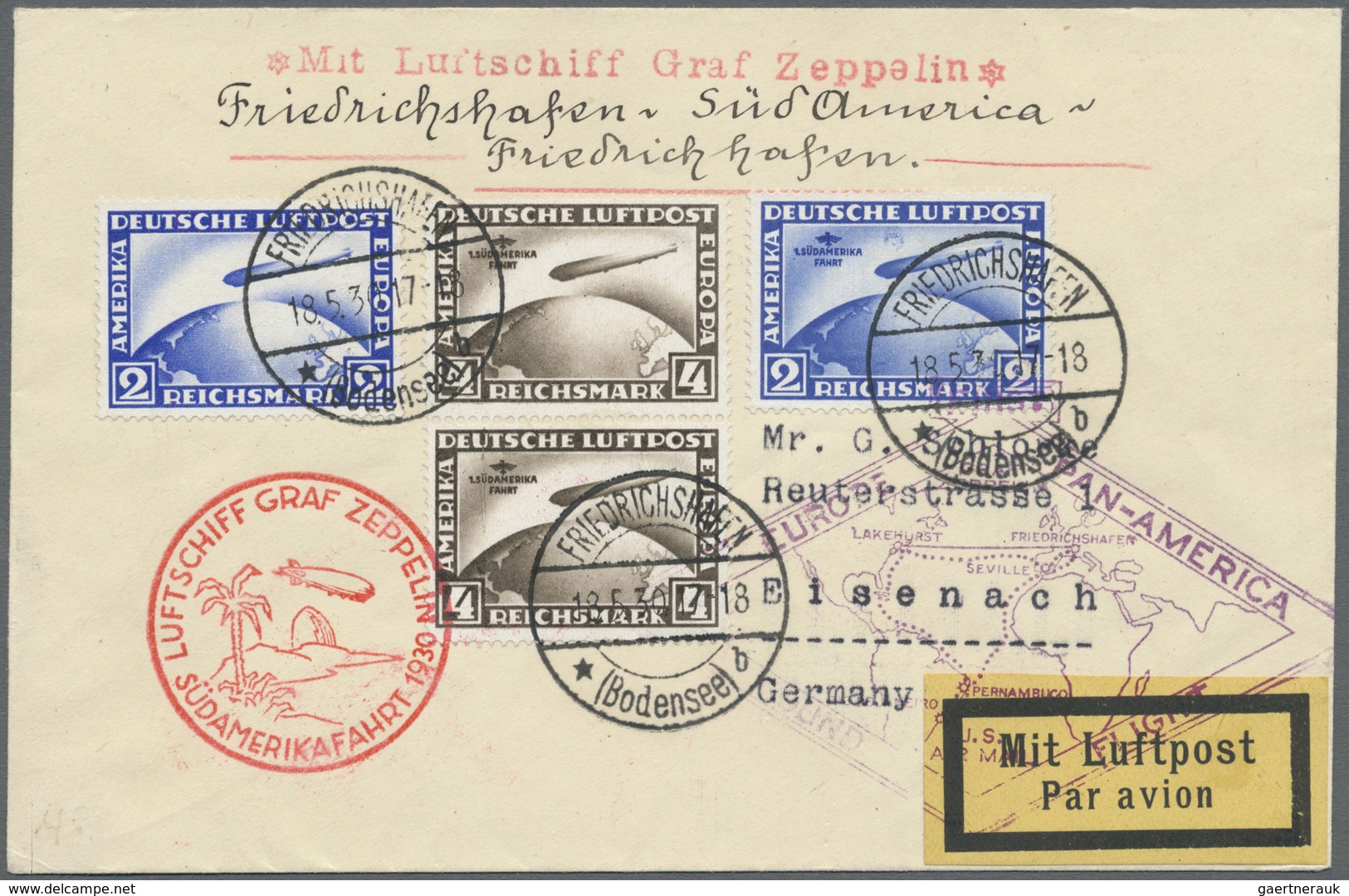 Br Zeppelinpost Deutschland: 1930 (18.5.), Südamerika-Fahrt, Ganz Außergewöhnlicher Brief Mit 4 Zeppeli - Poste Aérienne & Zeppelin