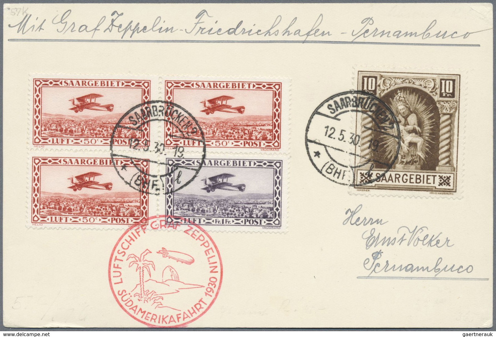 Br Zeppelinpost Deutschland: 1930: SAAR/SAF 1930: Etappenkarte Fhfn-Pernambuco Mit 10 Fr Modanna Mi 103 - Poste Aérienne & Zeppelin