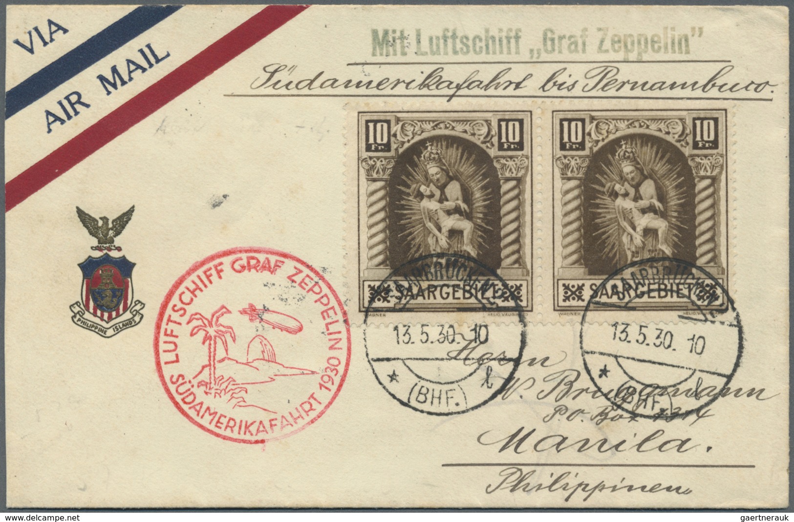 Br Zeppelinpost Deutschland: Saarland: 1930, Südamerikafahrt Mit Leitvermerk Bis Pernambuco, Luftpostvo - Poste Aérienne & Zeppelin