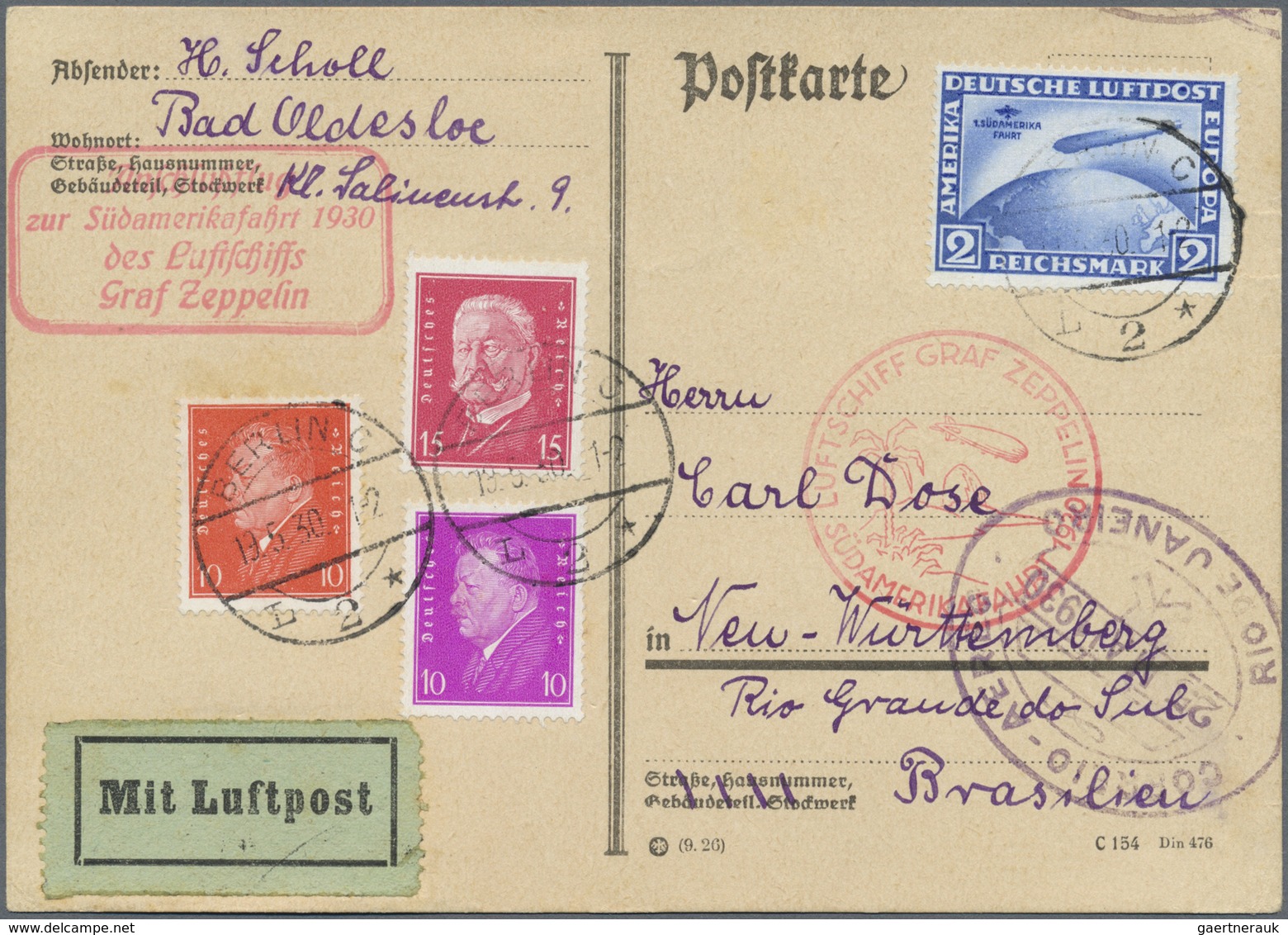 Br Zeppelinpost Deutschland: 1930, Südamerikafahrt, Anschlußflug Ab Berlin, Karte Mit 2 M. Zeppelin Süd - Poste Aérienne & Zeppelin