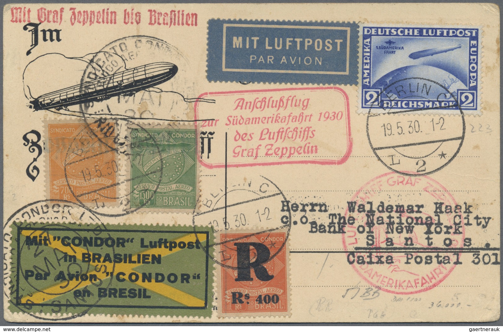 Zeppelinpost Deutschland: 1930, 2 RM Zeppelin-Chicagofahrt Auf Karte Ab BERLIN Nach Santos/Brasilien - Luchtpost & Zeppelin