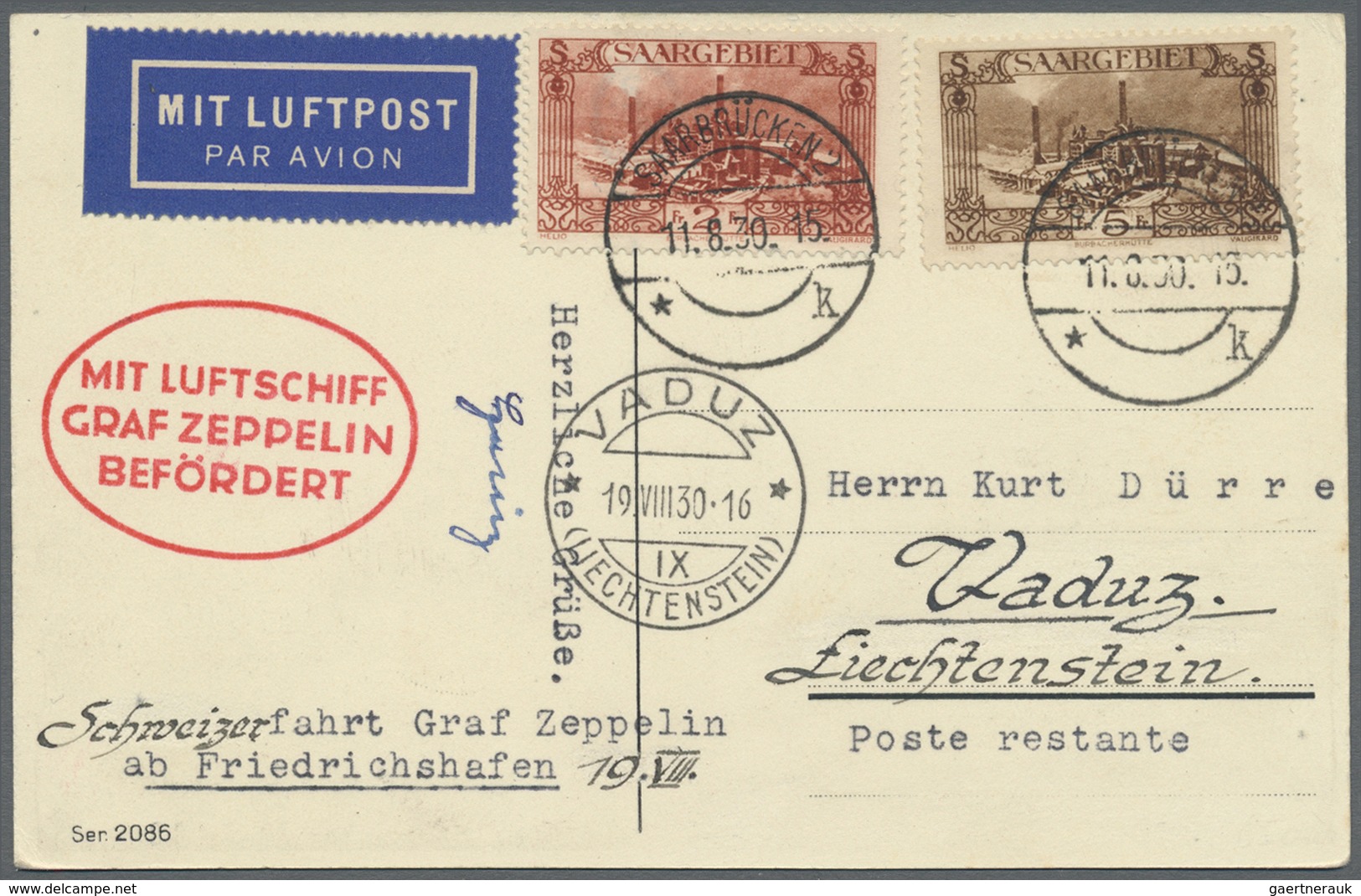 Br Zeppelinpost Deutschland: 1930, Si 79, SAAR/VADUZ-FAHRT: Tadellose Vertragsstaaten-Karte Mit 2 Fr. U - Poste Aérienne & Zeppelin