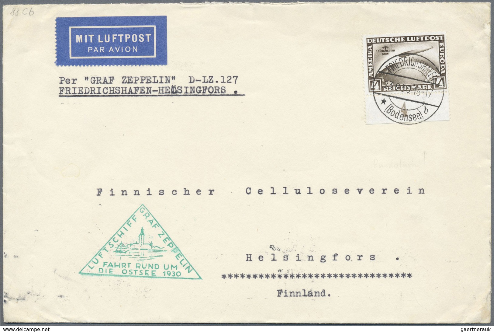 Br Zeppelinpost Deutschland: 1930: OSTSEEFAHRT/ Abwurf Helsinki: Firmenbrief (Abs. Aus Hamburg) Mit 4 R - Luchtpost & Zeppelin