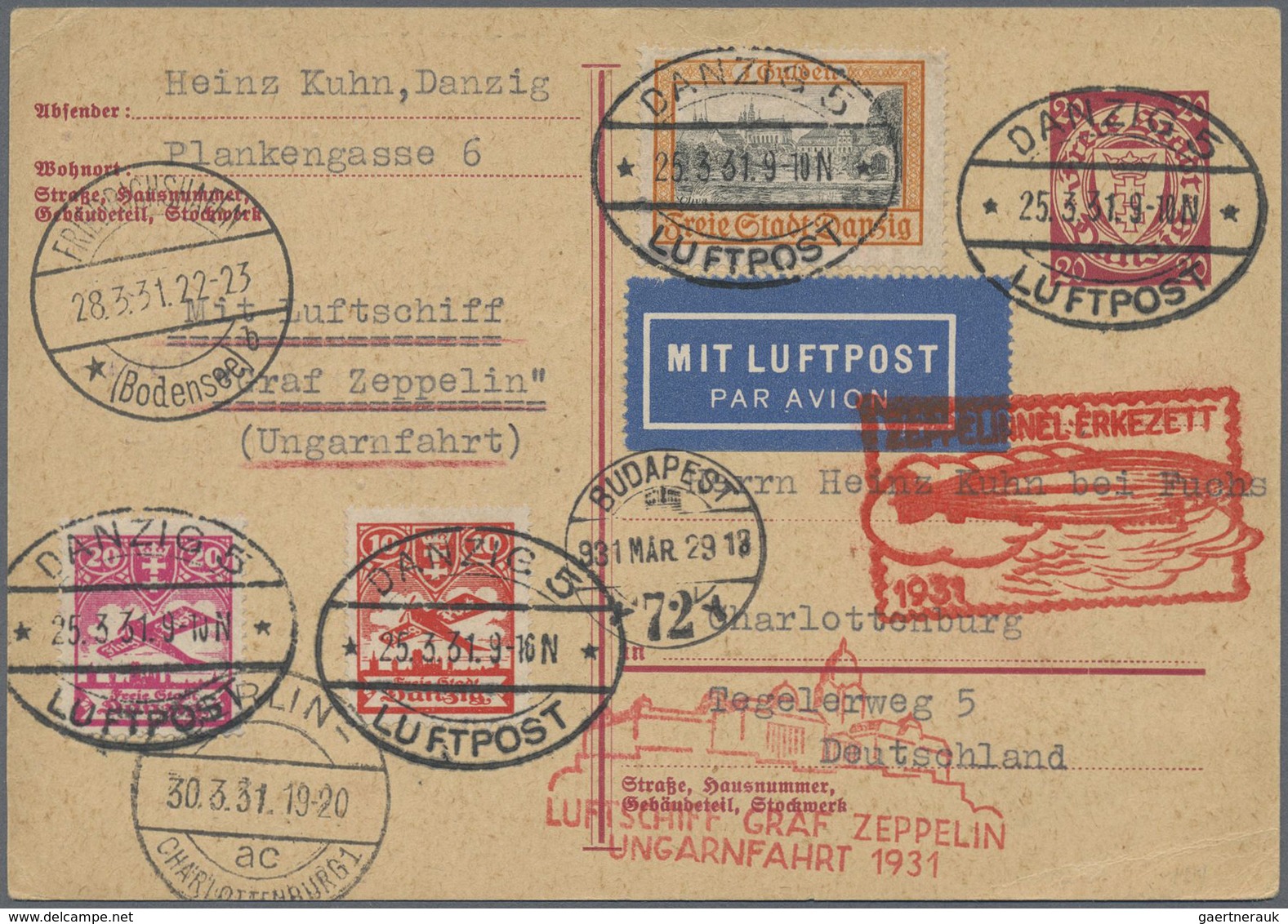 Zeppelinpost Deutschland: 1931, DANZIG: Postkarte 20 Pf. 'Wappen' Mit Zusatzfrankatur Mit Ovalstpl. - Luft- Und Zeppelinpost