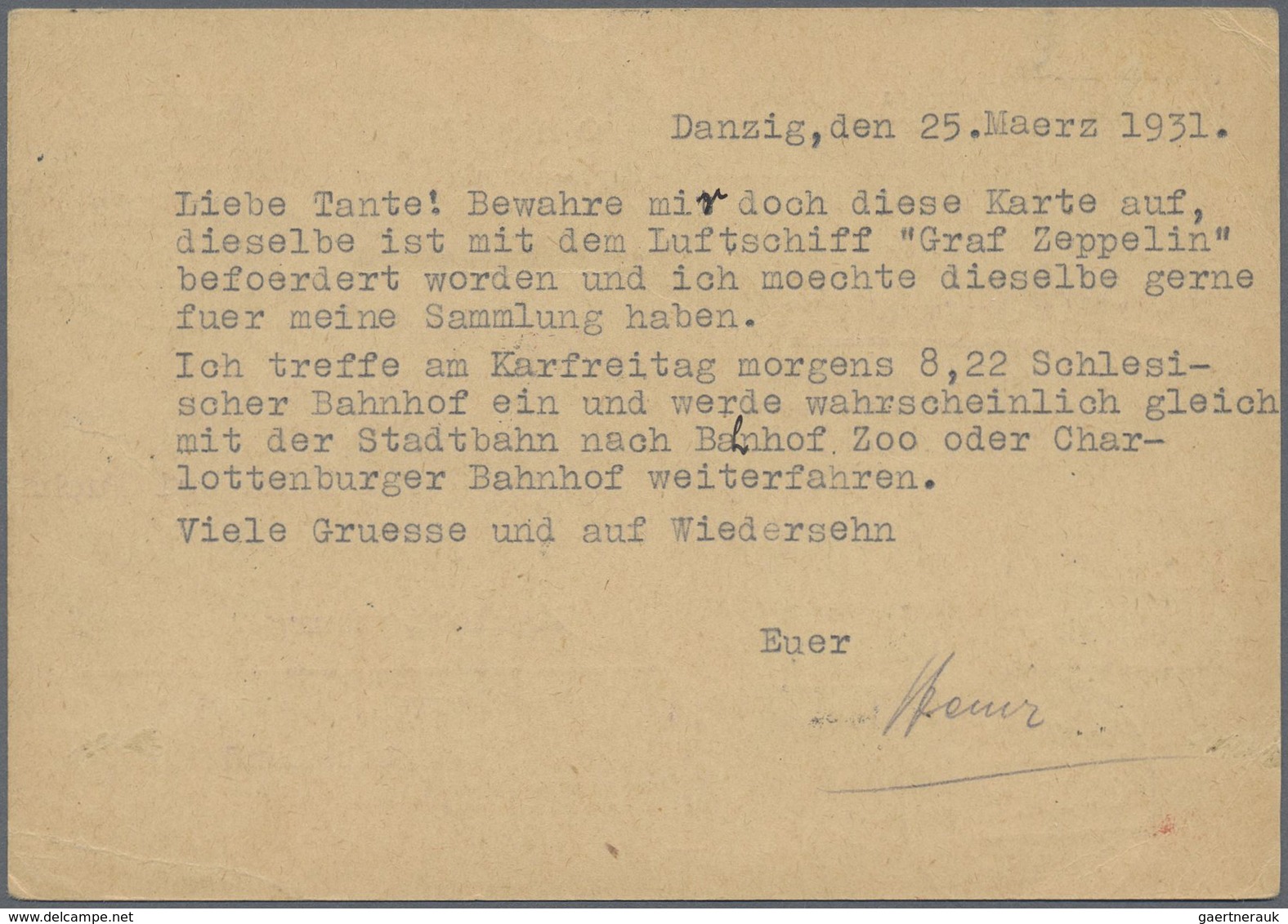 Zeppelinpost Deutschland: 1931, DANZIG: Postkarte 20 Pf. 'Wappen' Mit Zusatzfrankatur Mit Ovalstpl. - Luft- Und Zeppelinpost