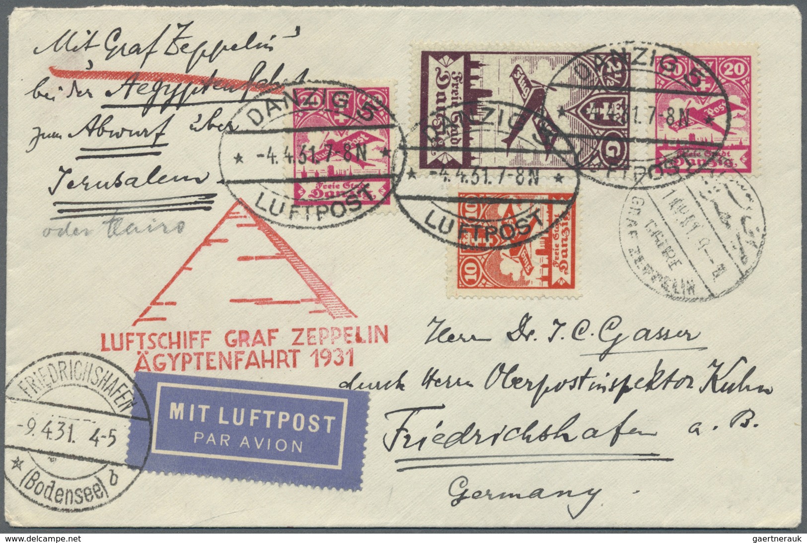 Br Zeppelinpost Deutschland: 1931, Ägyptenfahrt, Karte Ab Danzig 4.4. Mit 2 1/2 G. Flugpost In Bunter M - Poste Aérienne & Zeppelin